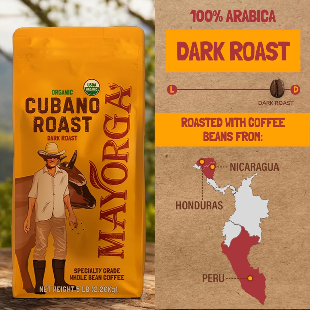 Mayorga Organic Coffee 2lb Cafe Cubano Roast - Dark Roast Whole Bean Specialty Grade Coffee, 100% Arabica, Slow Roasted, Bold and Smooth Flavor with Low Acidity - USDA Organic, Non-GMO, Kosher