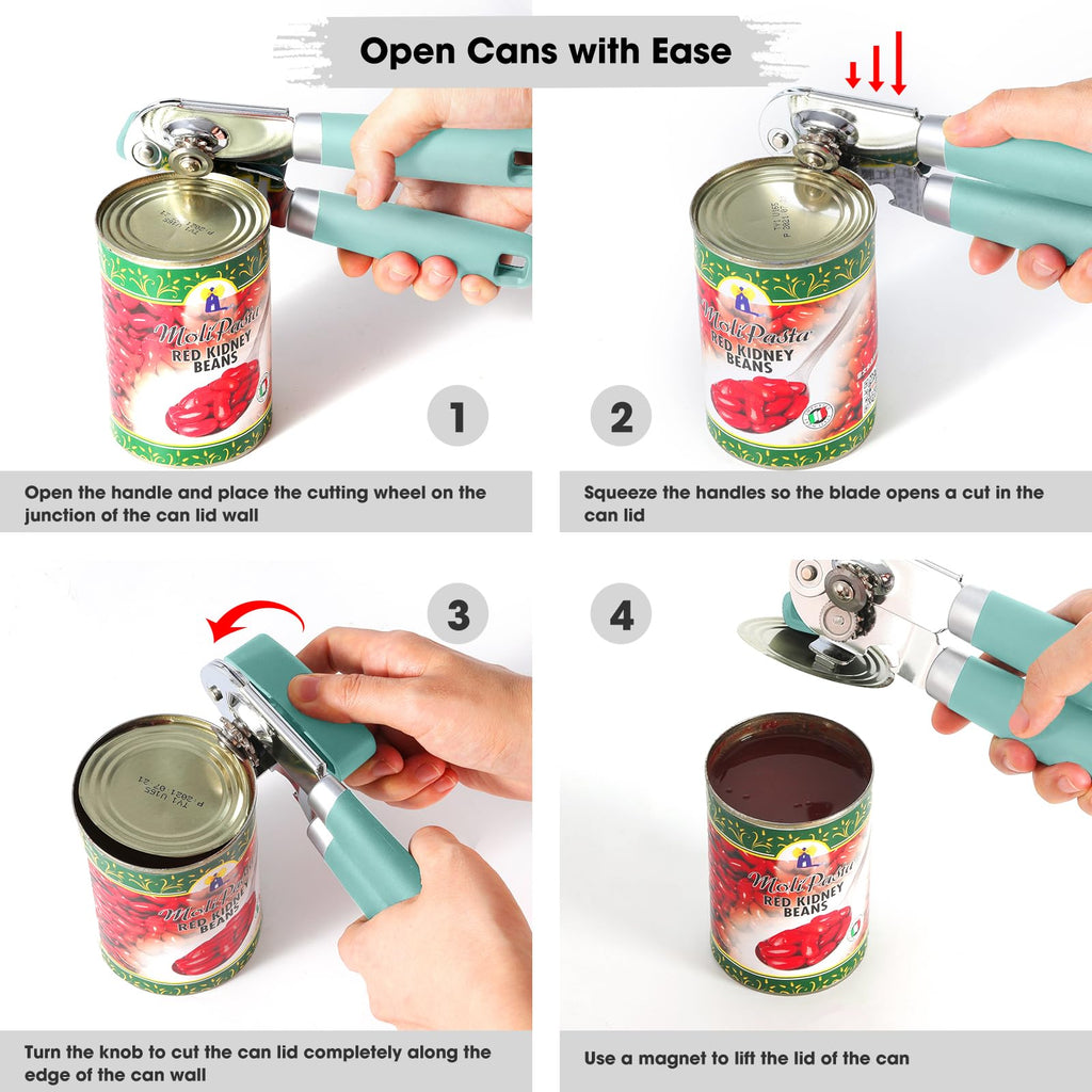 Beneno Heavy Duty Hand Can Opener Manual with Magnet, Durable Sharp Carbon Steel Blade Smooth Cutting, Big Effort-Saving Knob & Soft Grip Handle, Multifunctional Kitchen Tool with Bottle Opener, Green