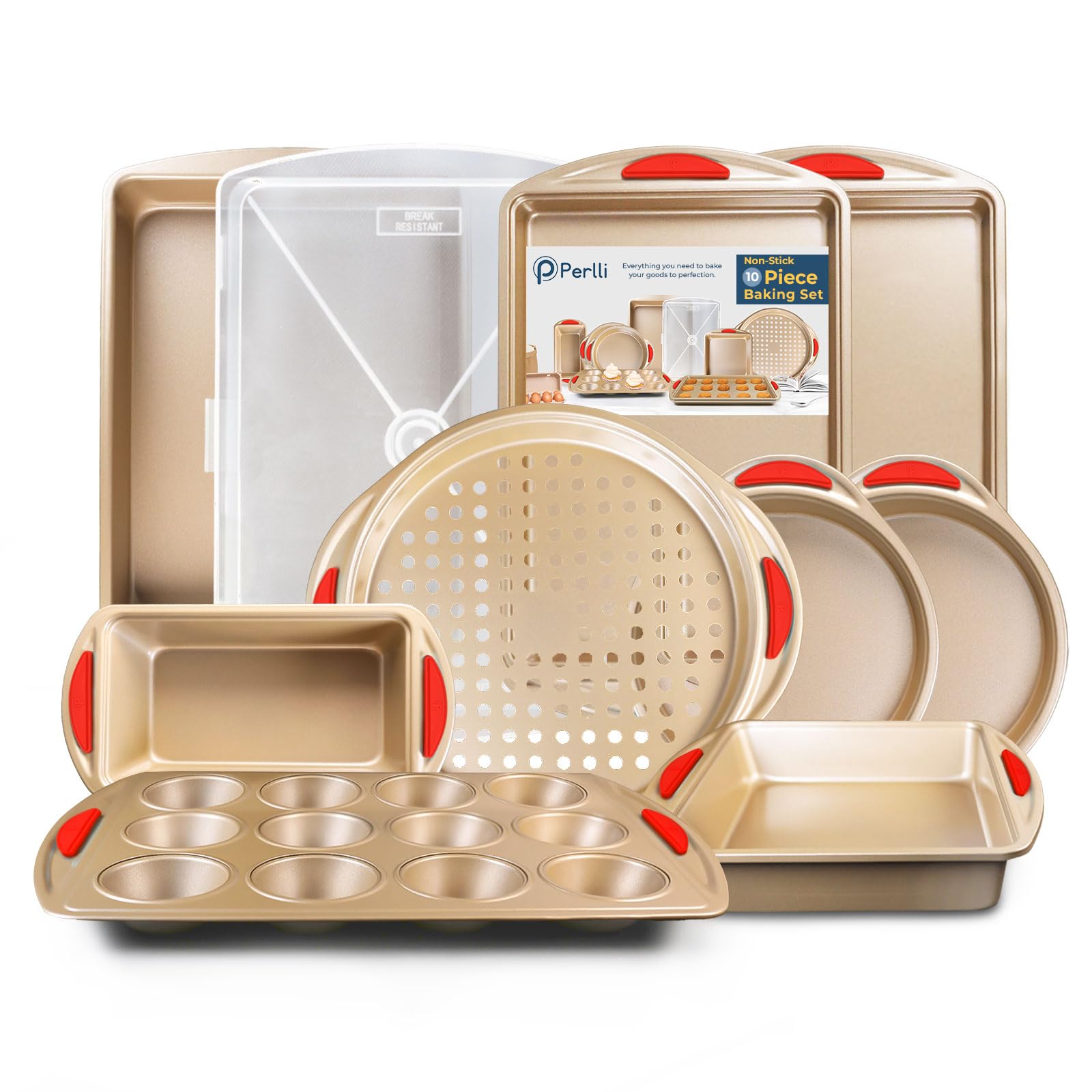 Perlli Baking Kit: Nonstick Gold Steel Oven Set - 10 Pieces, Cookie Sheets, Cake Pans, 9x13Pan with Lid, Loaf & Deep Pans, Pizza Crisper, Muffin Pan - Silicone Handles