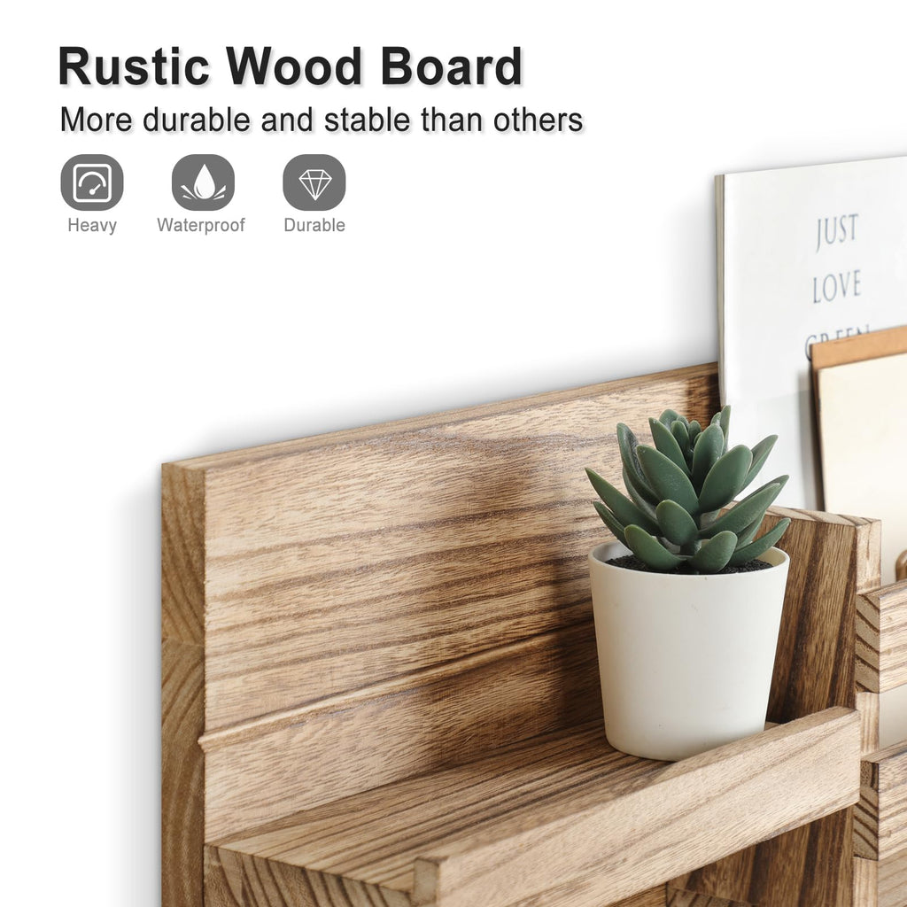 Mail Organizer for Wall Mount – Key Holder with Shelf Includes Letter Holder and Hooks for Coats, Dog Leashes – Rustic Wood with Flush Mounting Hardware (16.5” x 8.7” x 3.5”)