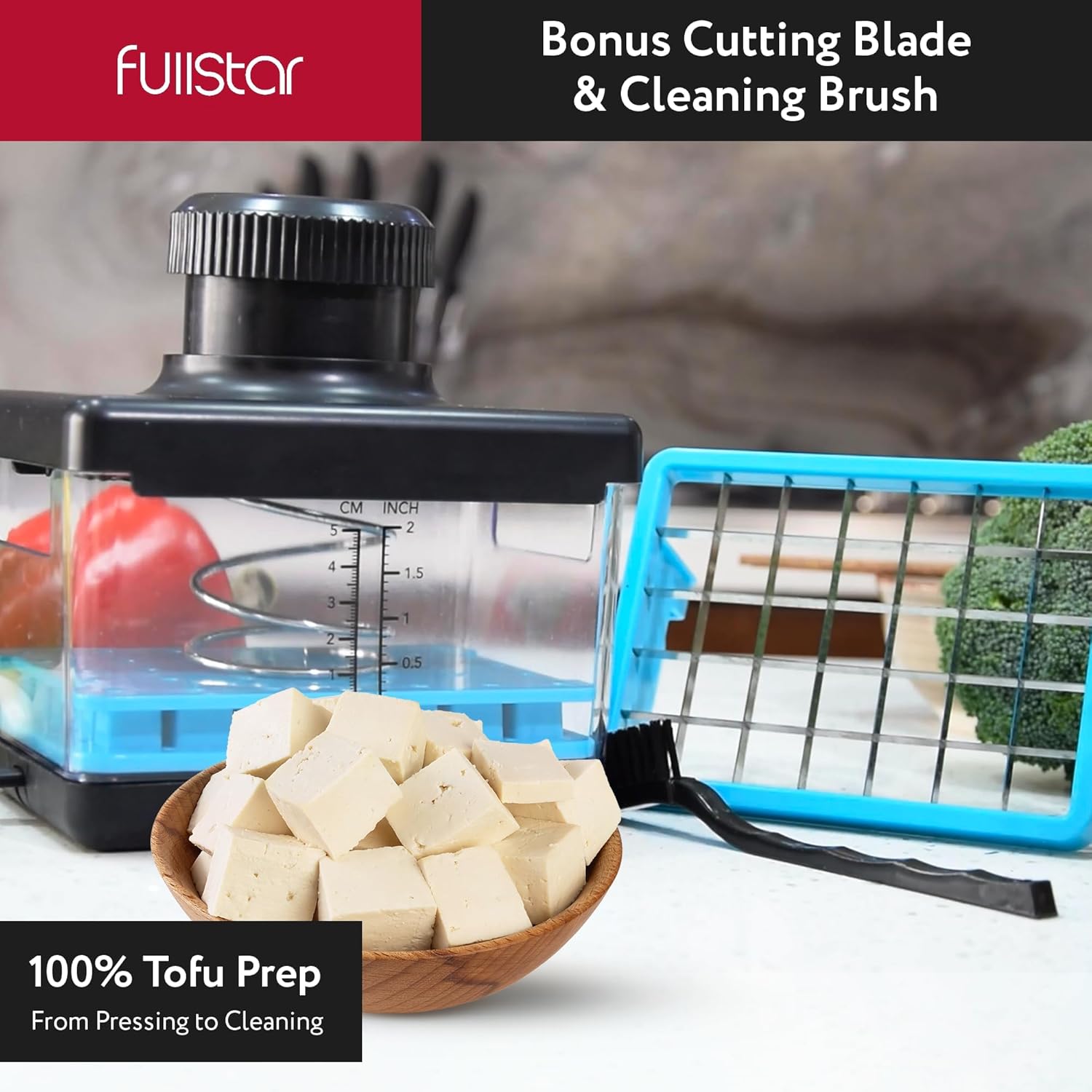 Fullstar 2-in-1 Tofu Press & Cutter, Dishwasher Safe, BPA-Free, Press Box for Extra Firm & Silken Tofu (Blue)
