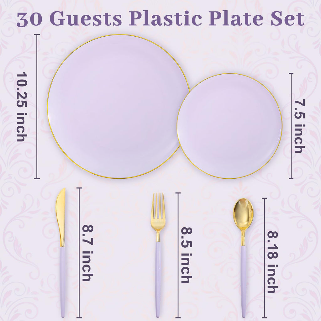 DaYammi 150Pcs Gold Plastic Plates with Disposable Silverware,White Gold Disposable Dinnerware Set - 30 Dinner Plate,30 Dessert Plate,90 Gold Cutlery with White Handles,Fancy Plates for Party Wedding