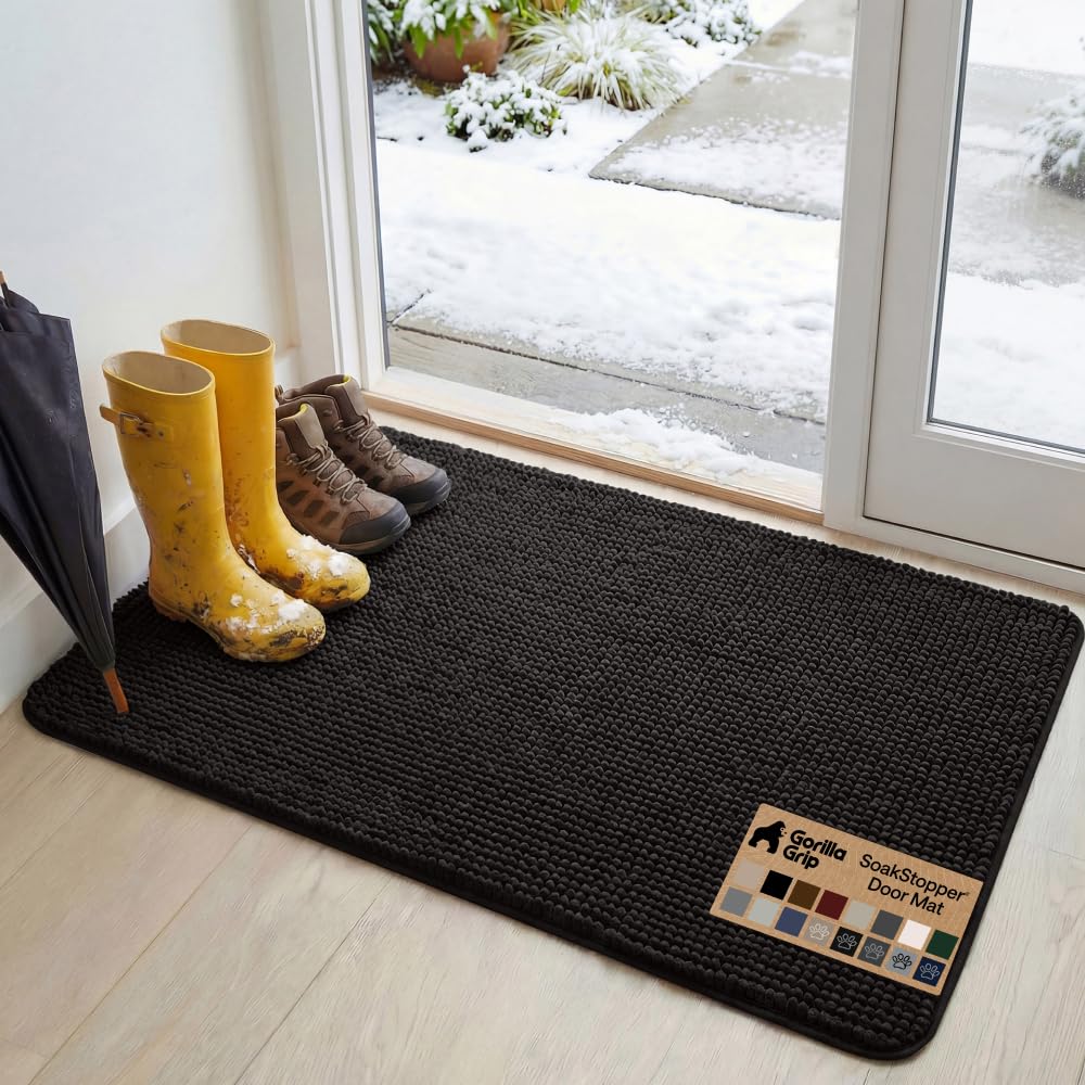 GORILLA GRIP SoakSTOPPER Dog Door Mat, Machine Washable Rug Absorbent Doormat Captures Moisture Mud Dirt, Quick Dry Soft Chenille Entryway Rugs Indoor Entrance Mats for Dog Paws, 24x17 Grey