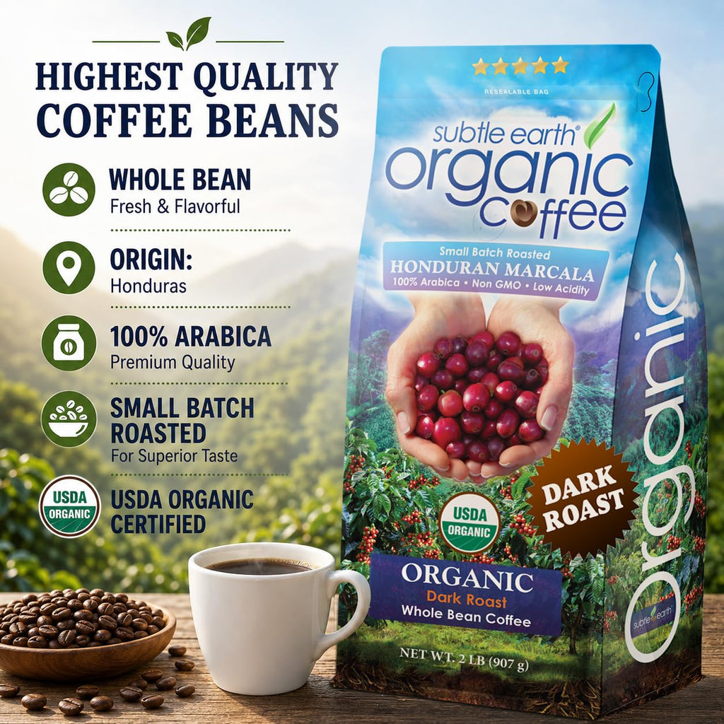 2LB Subtle Earth Organic Coffee - Dark Roast - Whole Bean Coffee - 100% Arabica Beans - Low Acidity and Non-GMO - 2lb bag