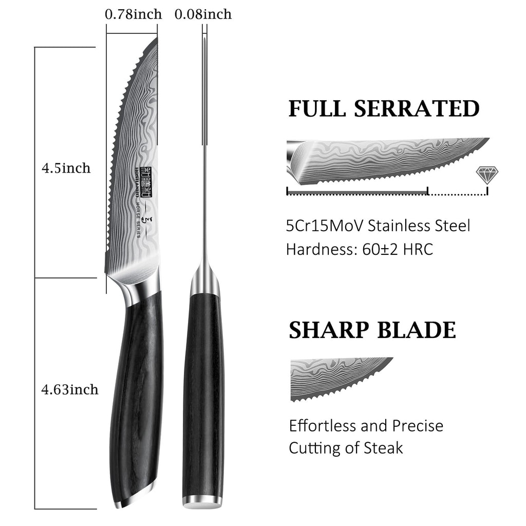 HOSHANHO Steak Knives Set of 6, 4.5 Inch Japanese Serrated Steak Knife Set, Ultra Sharp High Carbon Powder Steel Steak Knife with Pakkawood Handle