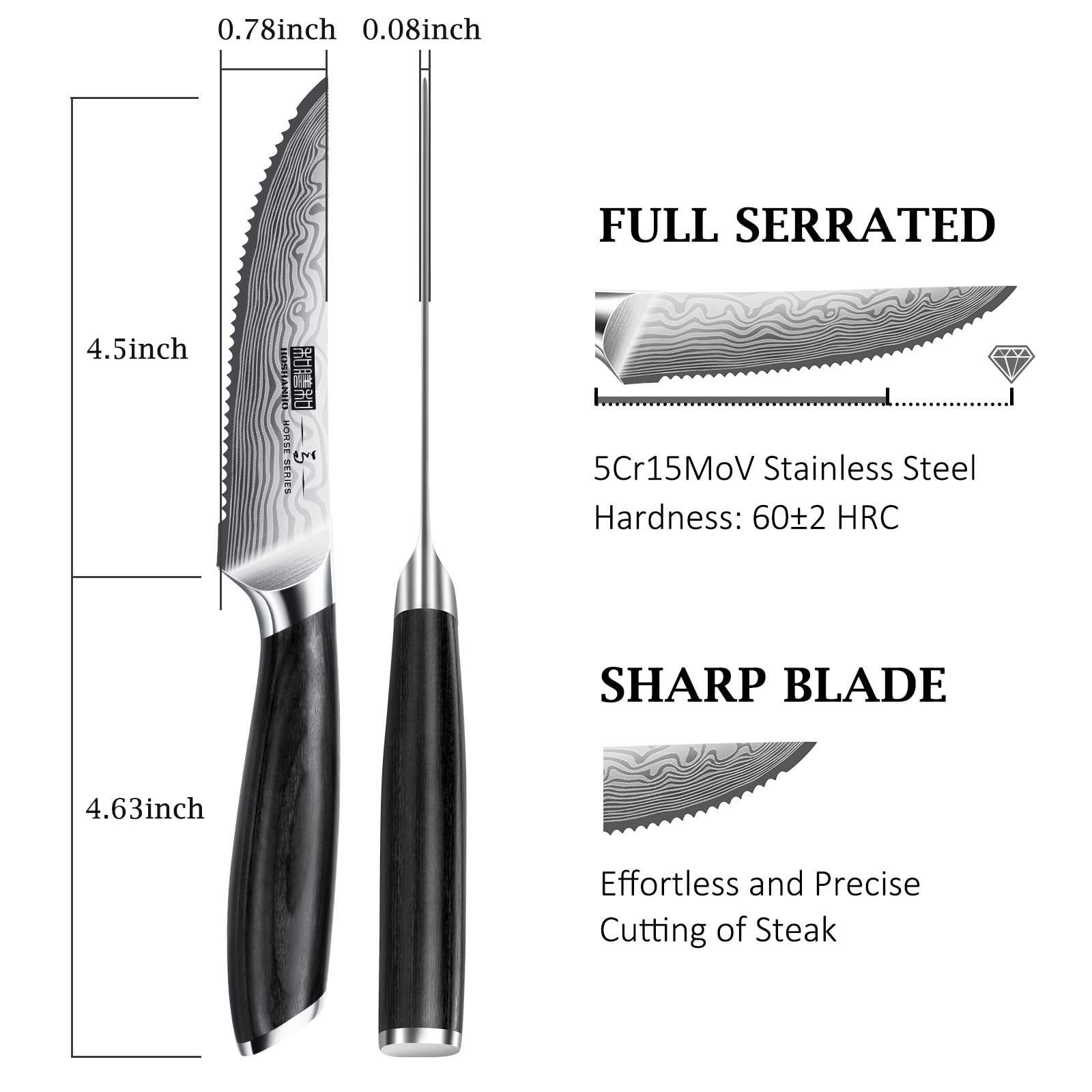 HOSHANHO Steak Knives Set of 6, 4.5 Inch Japanese Serrated Steak Knife Set, Ultra Sharp High Carbon Powder Steel Steak Knife with Pakkawood Handle