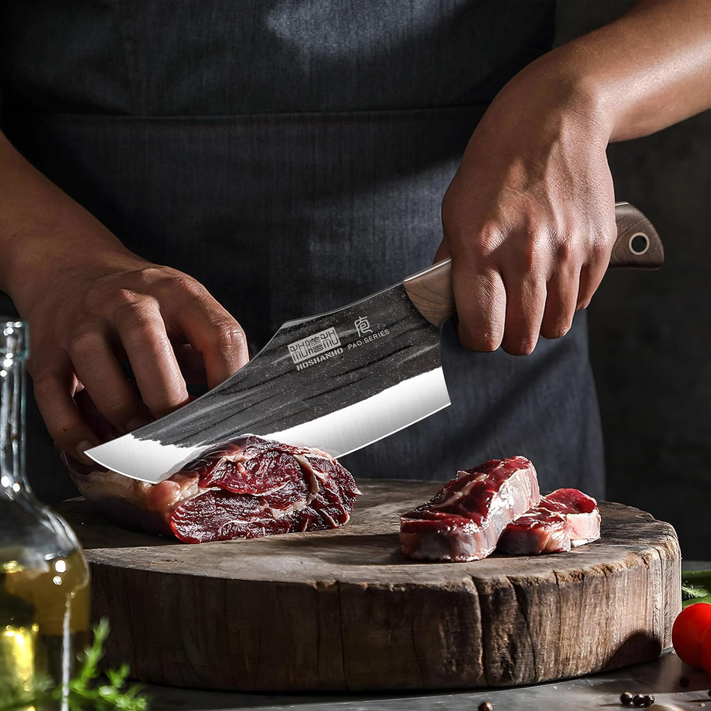 HOSHANHO 8 Pieces Butcher Kitchen Knife Set, Hand Forged High Carbon Stainless Steel Magnetic Knife Block Set, Ultra Sharp Chef Knives Set with Meat Cleaver Knife & Bone Chopper Knives Gift for Men