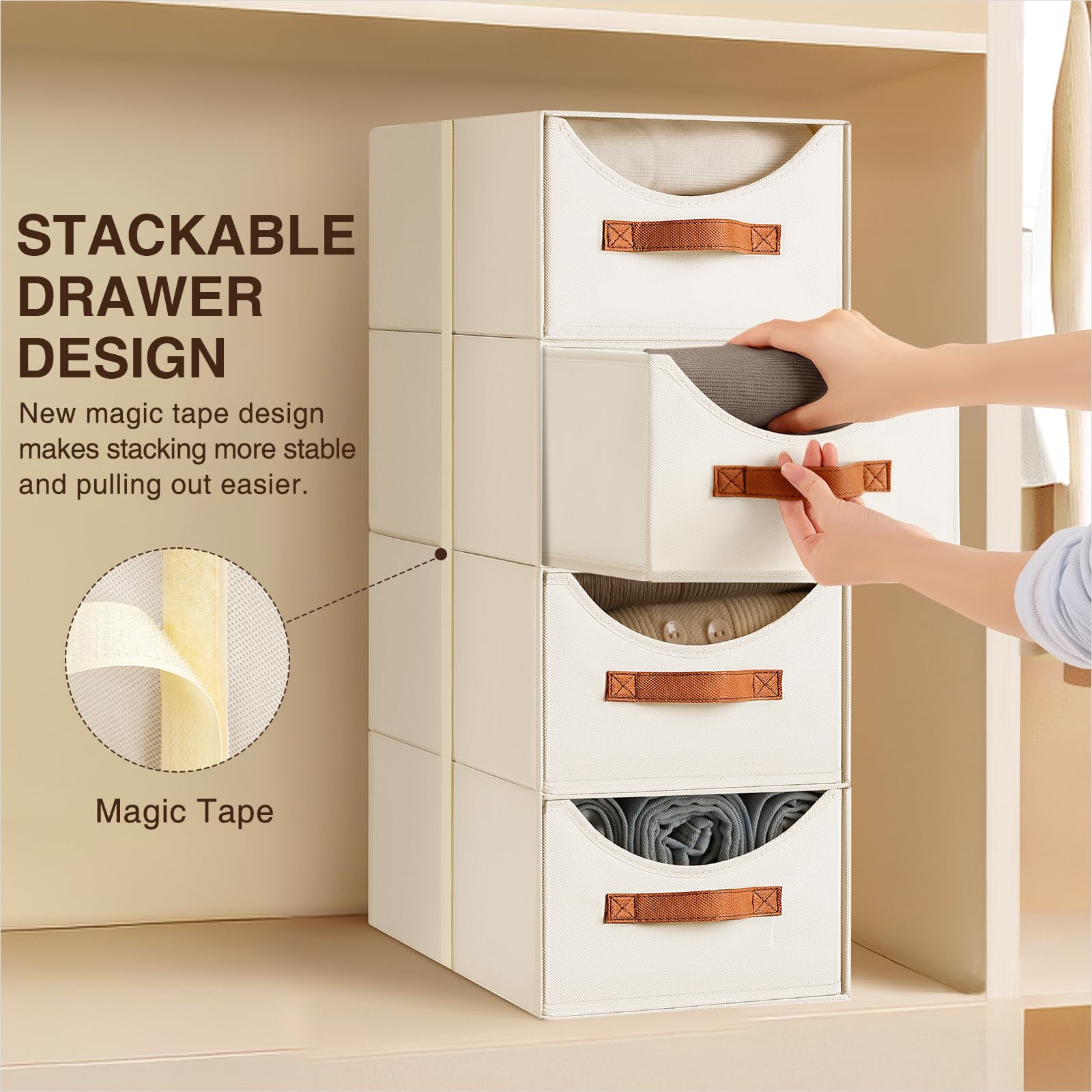 Homsorout Stackable Storage Drawers - Collapsible Storage Bins with Drawers, 4 Pack Closet Shelf Organizer Basket, Fabric Pull Out Organizer for Bedroom, Living Room, Dorm, Beige