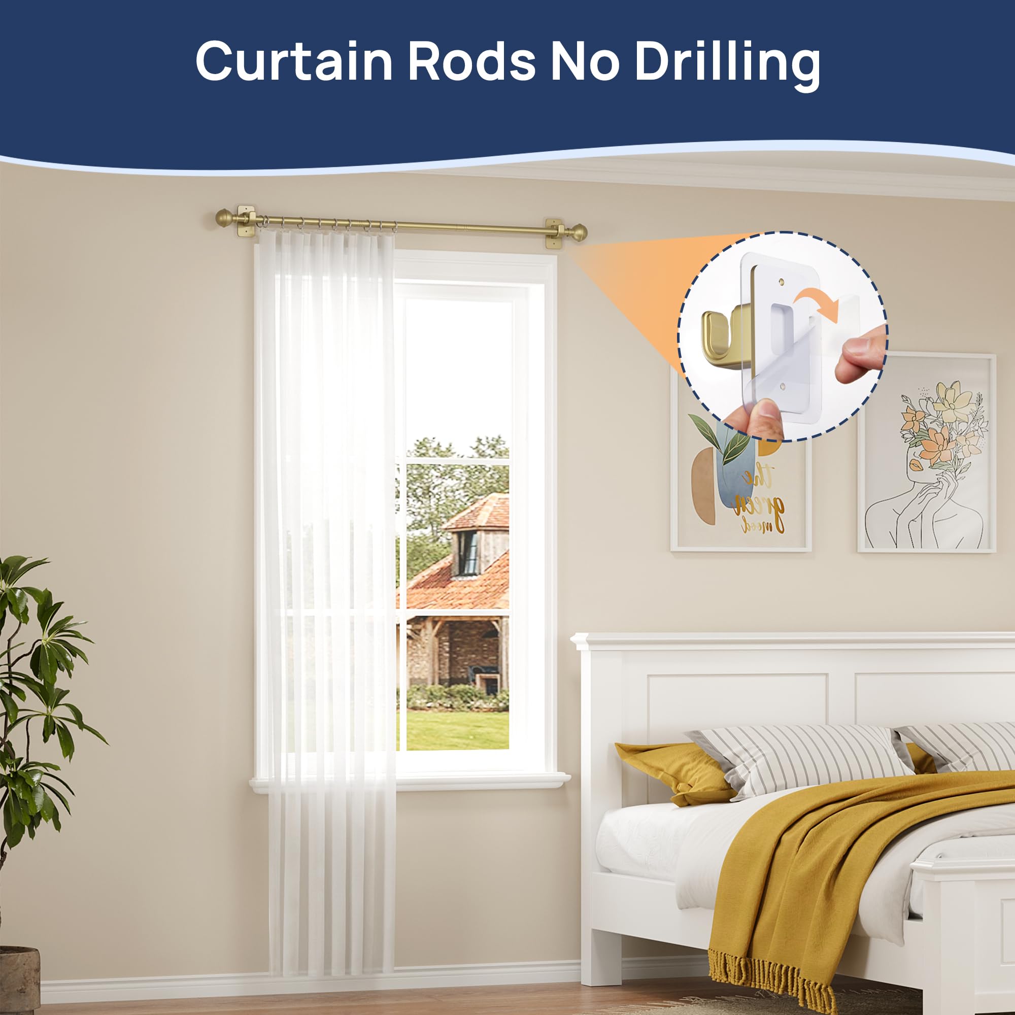 ENJOYBASICS No Drill Curtain Rods for Window 28 to 47 Inches, 5/8 Inch Diameter Renter Friendly Drapery Rod with Adhesive Brackets without Drilling, Adjustable from 27 to 52 Inches, Black