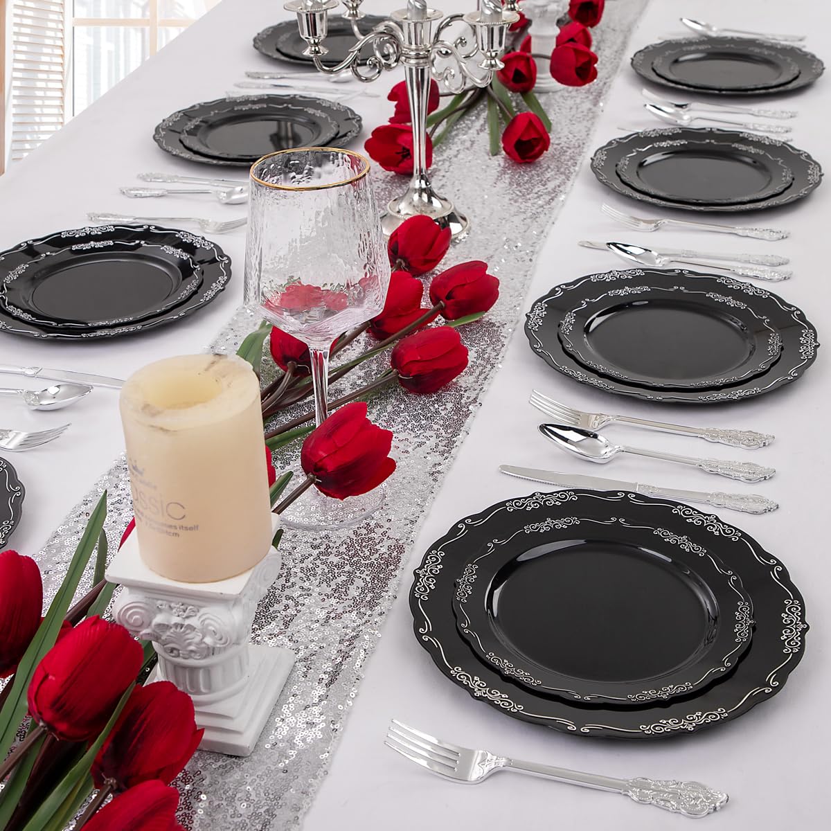 DaYammi 150Pcs Ivory Plastic Plates with Gold Rim,Disposable Plastic Plates Include 30 Dinner Plate,30 Salad Plate,30 Forks,30 Spoons,30 Knives,Ivory and Gold Plates for Party,Wedding,Mother's Day