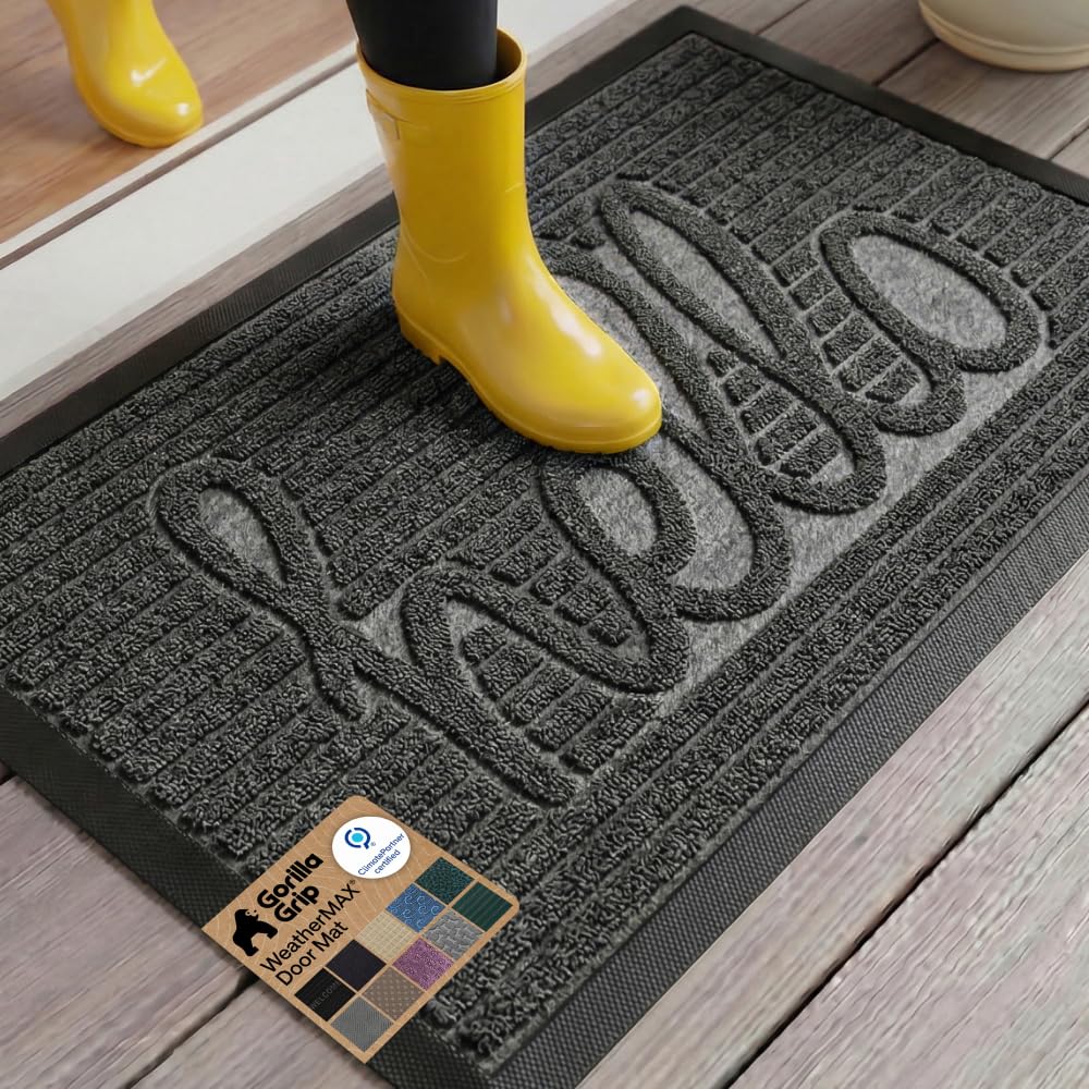 GORILLA GRIP 100% Waterproof All-Season WeatherMAX Doormat US Designed Natural Rubber, Stain Fade Resistant, Low Profile Indoor Outdoor Front Door Mats Outside Entrance, Easy Clean 29x17 Gray Diamond