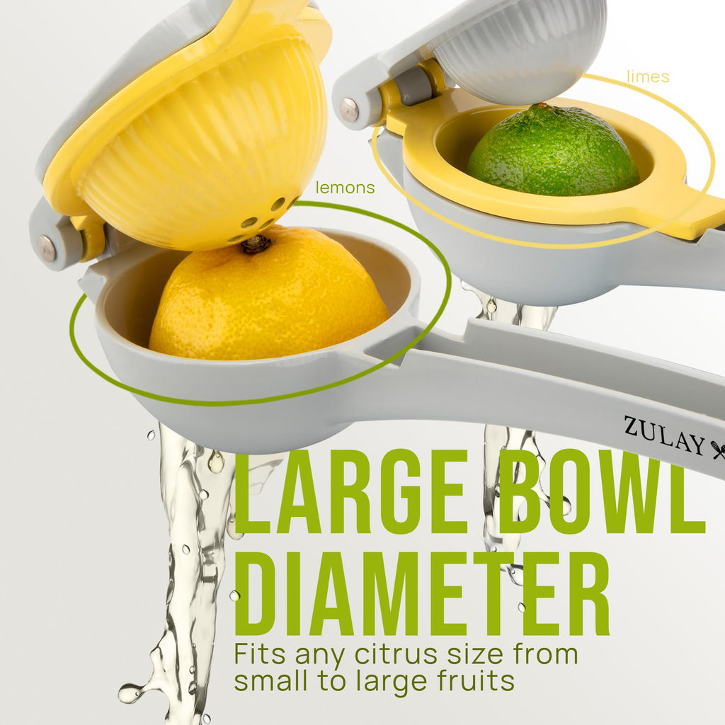 Zulay Kitchen Metal 2-in-1 Lemon Squeezer - Sturdy Max Extraction Hand Juicer Lemon Squeezer Gets Every Last Drop - Easy to Clean Manual Citrus Juicer - Easy-Use Lemon Juicer Squeezer - Yellow/Green