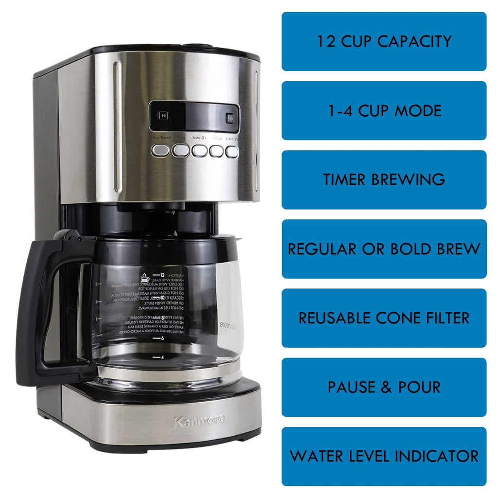 Kenmore Drip Coffee Maker - Programmable Cafe Machine With Glass Pot, Regular & Bold Brew, Auto Shut Off Large Water Reservoir, Reusable Filter, Kitchen Appliances For Cafeteria Barista, 12 Cup Black