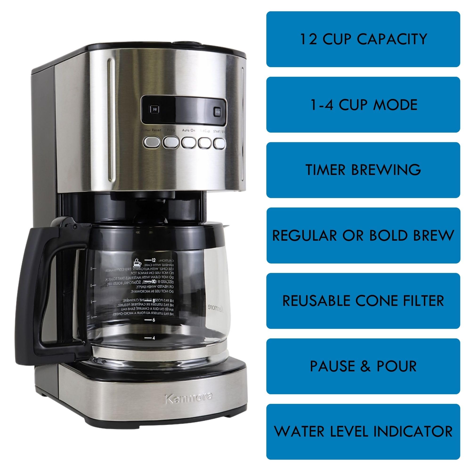 Kenmore Drip Coffee Maker - Programmable Cafe Machine With Glass Pot, Regular & Bold Brew, Auto Shut Off Large Water Reservoir, Reusable Filter, Kitchen Appliances For Cafeteria Barista, 12 Cup Black