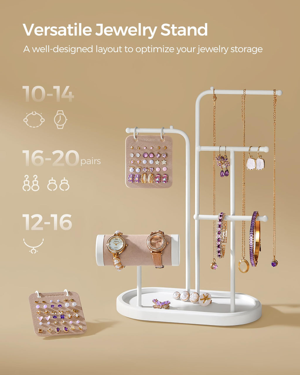 SONGMICS Jewelry Stand, Jewelry Organizer, Jewelry Display Holder with Metal Frame, 2 Earring Boards, 4 Hanging Rods, Necklace Earring Bracelet Holder, for Watches, Metallic Gold UJJS025A01