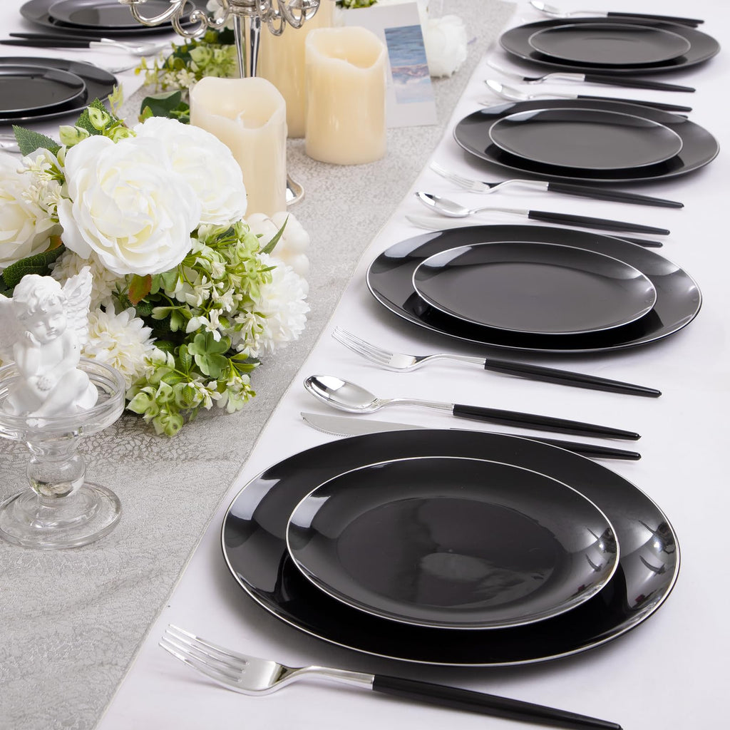 DaYammi 150Pcs Gold Plastic Plates with Disposable Silverware,White Gold Disposable Dinnerware Set - 30 Dinner Plate,30 Dessert Plate,90 Gold Cutlery with White Handles,Fancy Plates for Party Wedding