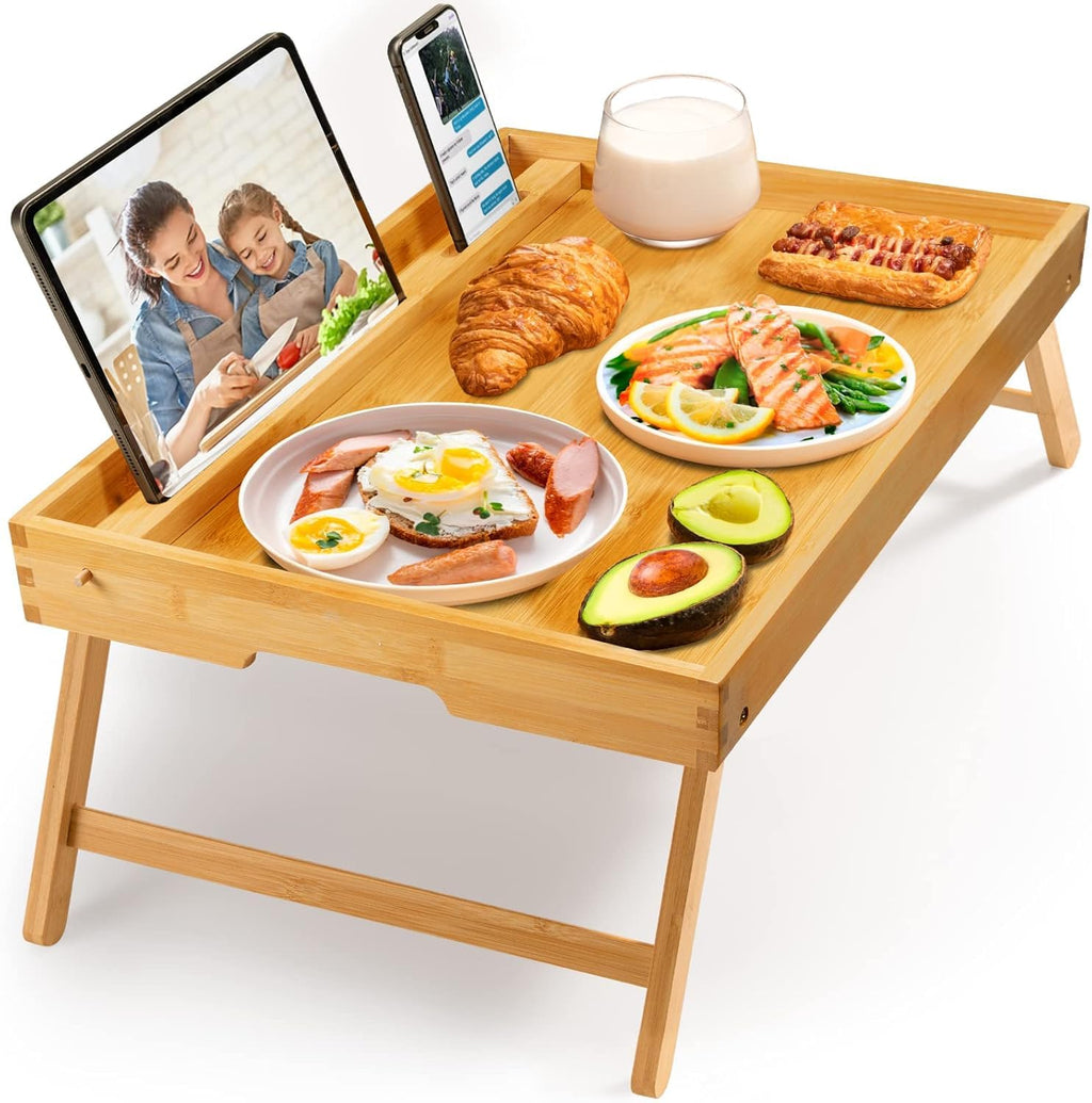 Bamboo Bed Tray Table with Foldable Legs, Breakfast Tray for Sofa, Bed, Eating, Working, Used As Laptop Desk Snack Tray by Pipishell