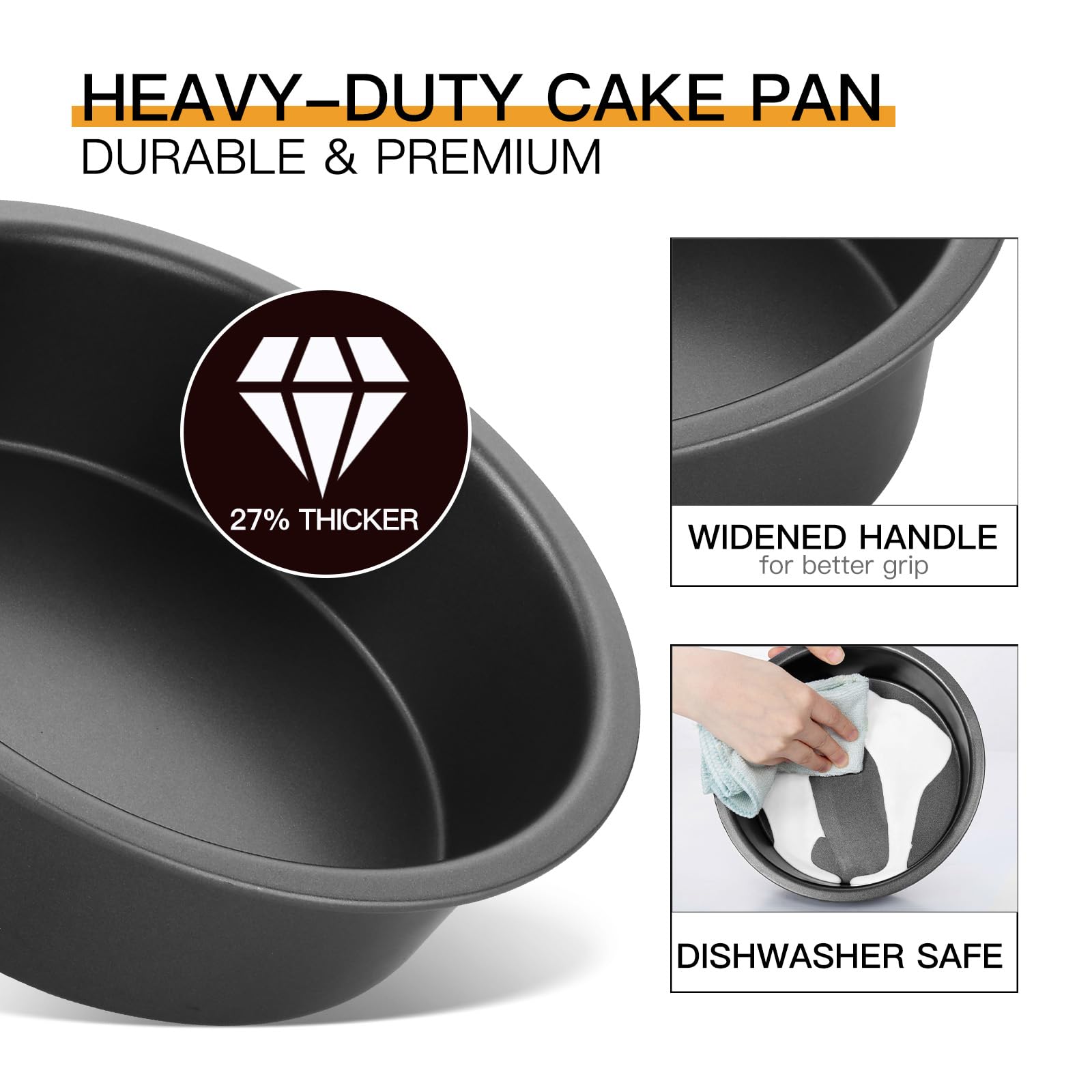 HONGBAKE 8x8 Cake Baking Pan Set, Nonstick Square Brownie Pans with Wider Grips, 2 Pieces, Heavy Duty, Grey