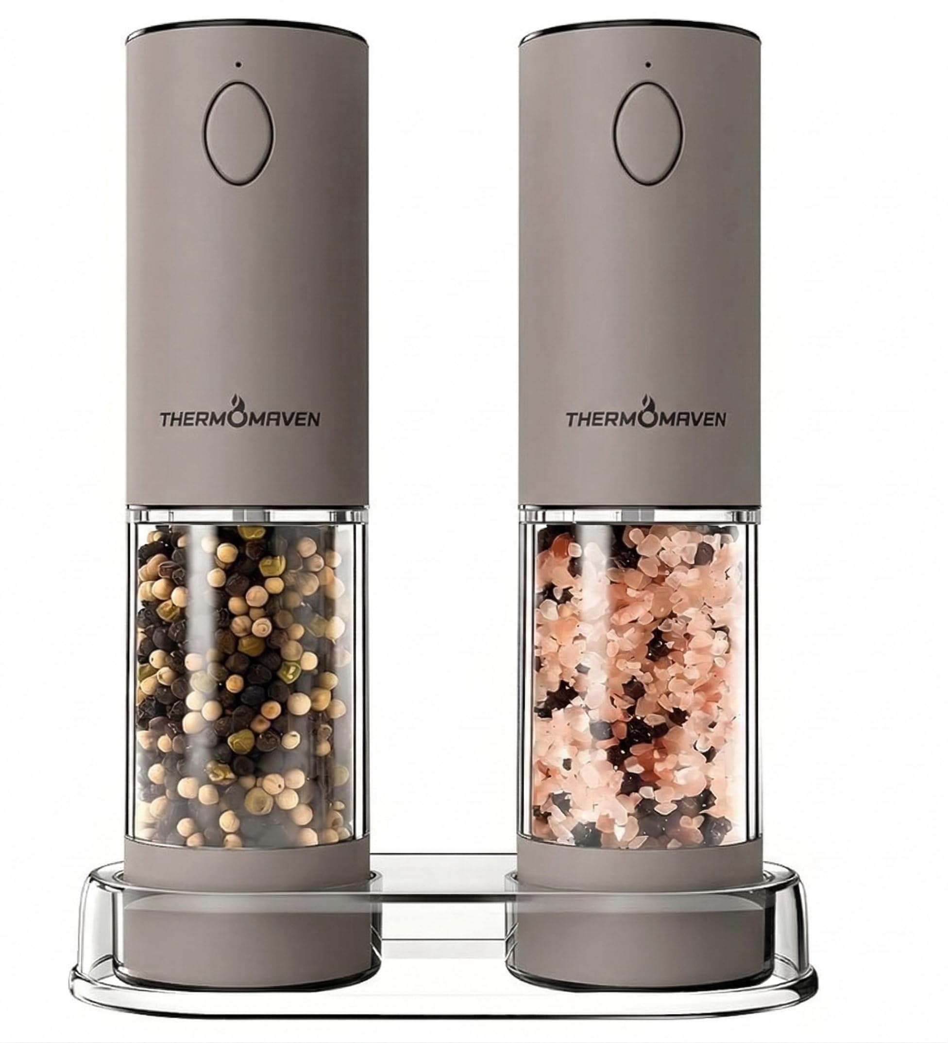ThermoMaven Upgraded Larger Capacity Electric Salt and Pepper Grinder Set, 110ml Rechargeable Salt and Pepper Shaker with LED Light, Stainless Steel Automatic Pepper Mill with 6 Adjustable Coarseness