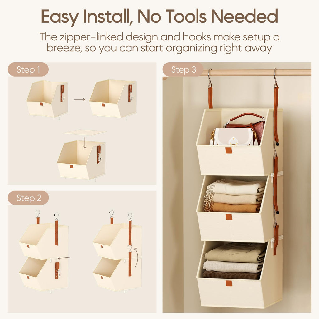 Homsorout Hanging Closet Organizer 4 Tier - Clothes Hanging Shelves, Space-Saving Closet System, Fabric Storage Bins Bedroom Organization, Collapsible Baskets for Home, Dorm, Rv, Beige