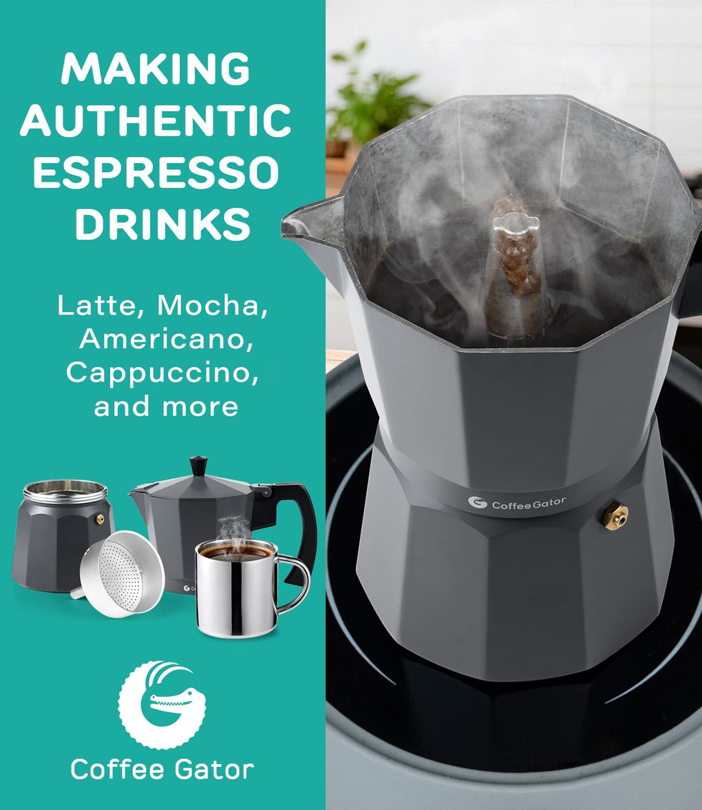 Coffee Gator Moka Pot - 6 Cup, 12oz Stovetop Espresso Maker - Classic Italian and Cuban Coffee Percolator w/ 2 Stainless-Steel Cups – Matte Grey Aluminum, 360ml