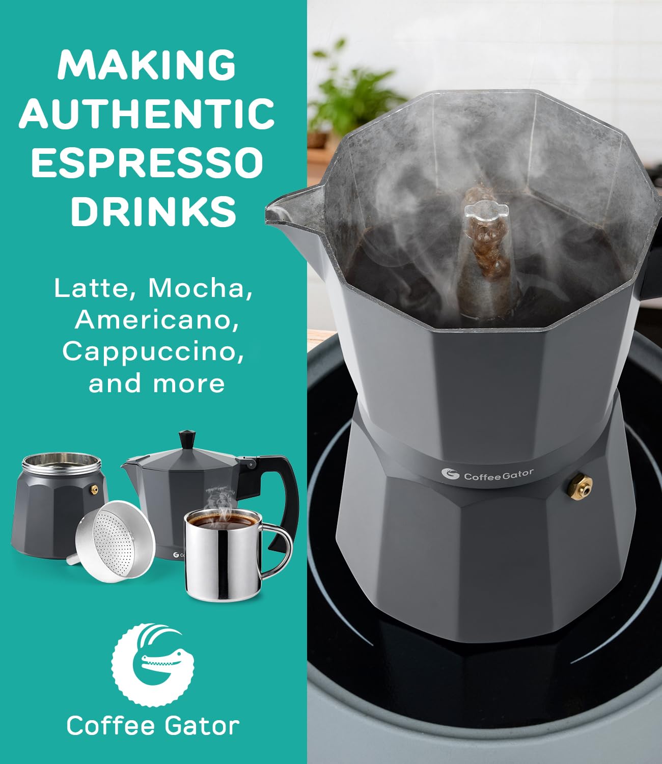 Coffee Gator Moka Pot - 6 Cup, 12oz Stovetop Espresso Maker - Classic Italian and Cuban Coffee Percolator w/ 2 Stainless-Steel Cups – Matte Grey Aluminum, 360ml