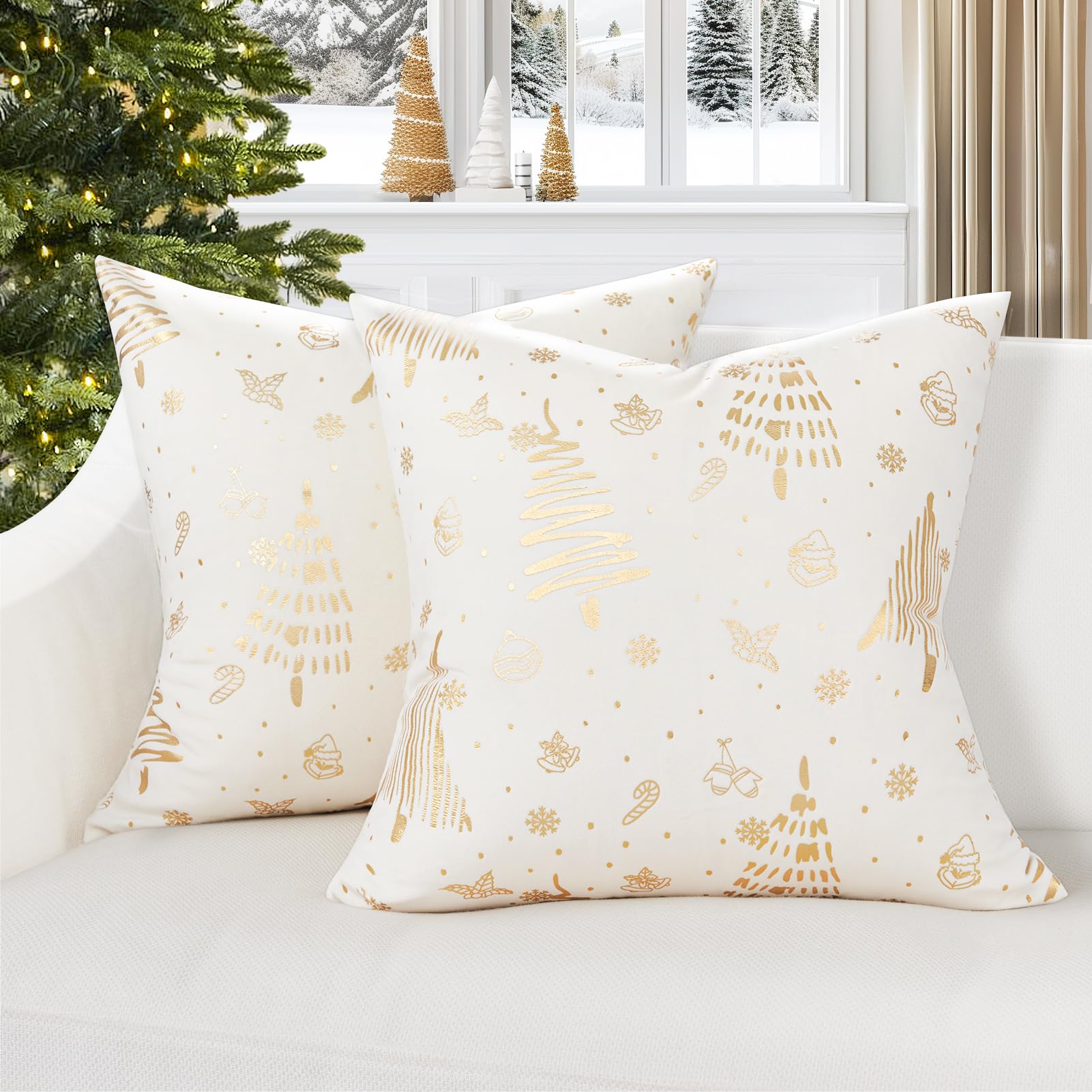 Topfinel Christmas Velvet Throw Pillow Covers Set of 2,Decorative Pillow Cover Red Xmas Gold Stamping Cushion Cases for Bedroom Livingroom Couch Christmas Indoor Home Decor 18x18 Inches