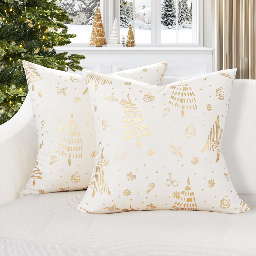 Topfinel Christmas Velvet Throw Pillow Covers Set of 2,Decorative Pillow Cover Red Xmas Gold Stamping Cushion Cases for Bedroom Livingroom Couch Christmas Indoor Home Decor 18x18 Inches