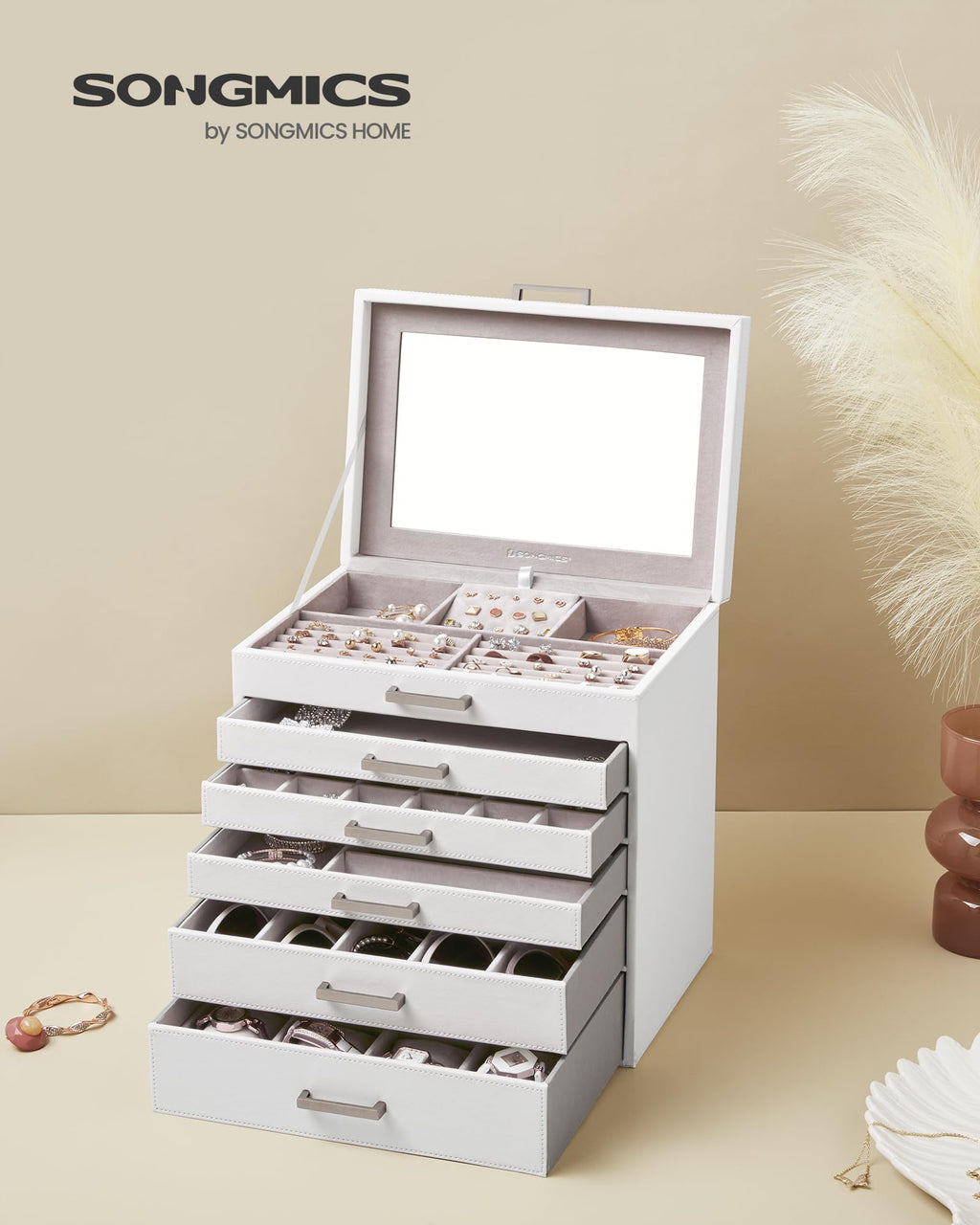 SONGMICS 3-Tier Jewelry Box, Travel Jewelry Case with Handle, 2 Drawers, Lockable Jewelry Organizer with Mirror, Jewelry Storage, Modern Style, Gift for Loved Ones, White UJBC154W01