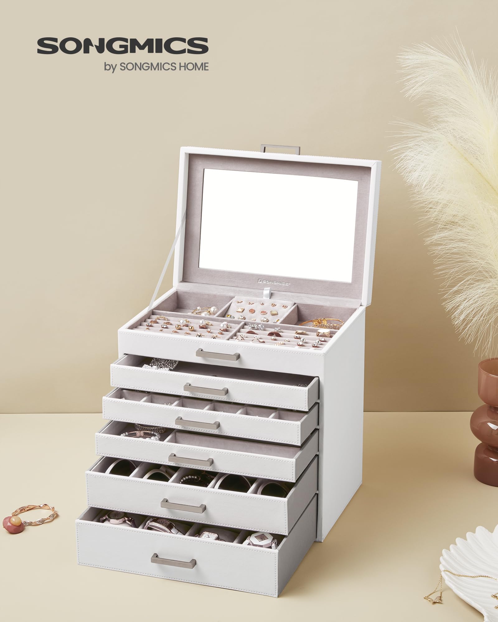 SONGMICS 3-Tier Jewelry Box, Travel Jewelry Case with Handle, 2 Drawers, Lockable Jewelry Organizer with Mirror, Jewelry Storage, Modern Style, Gift for Loved Ones, White UJBC154W01