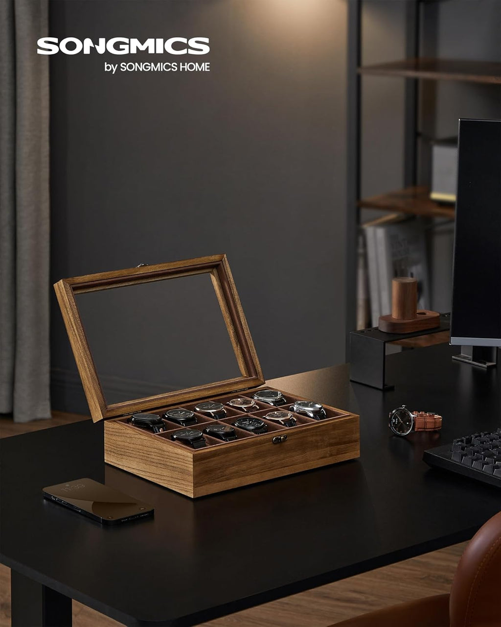 SONGMICS 10-Slot Watch Box, Watch Display Case with Large Glass Lid, Removable Watch Pillows, Velvet Lining, Gift Idea, Rustic Walnut UJOW100K01