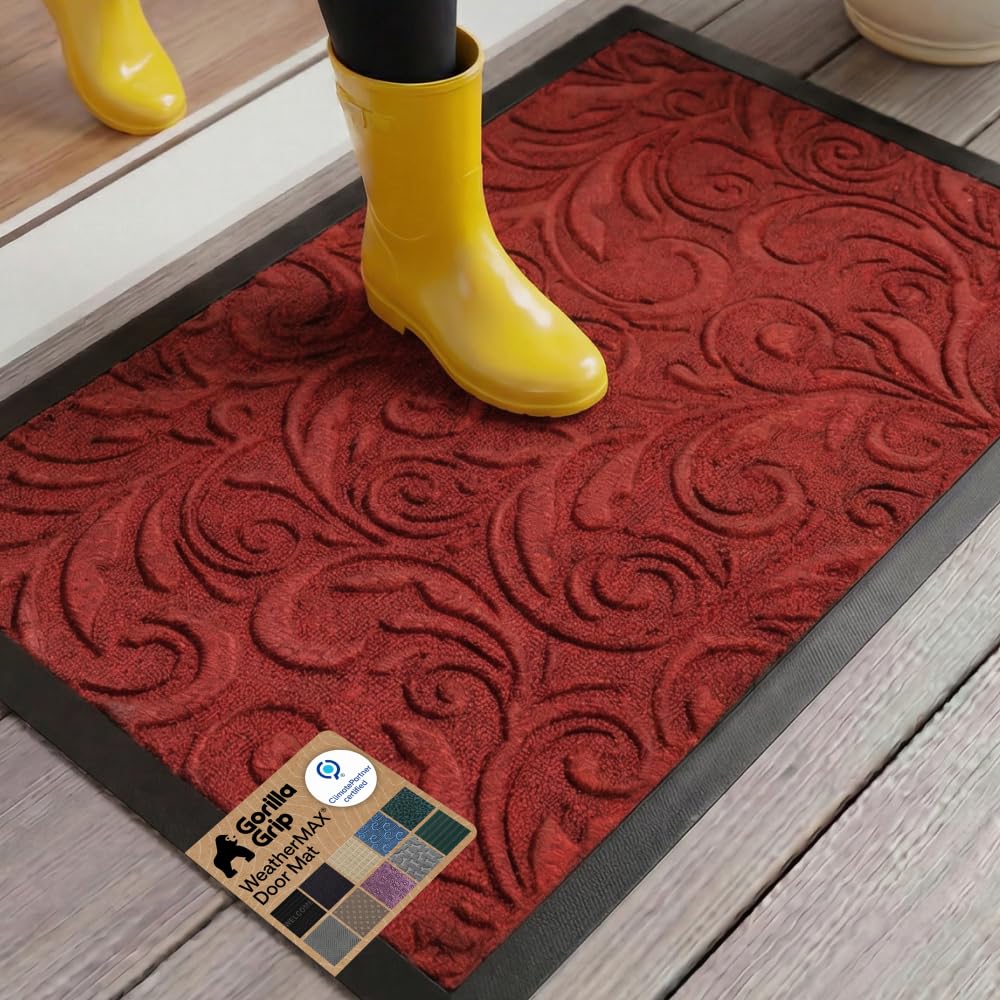 GORILLA GRIP 100% Waterproof All-Season WeatherMAX Doormat US Designed Natural Rubber, Stain Fade Resistant, Low Profile Indoor Outdoor Front Door Mats Outside Entrance, Easy Clean 29x17 Gray Diamond