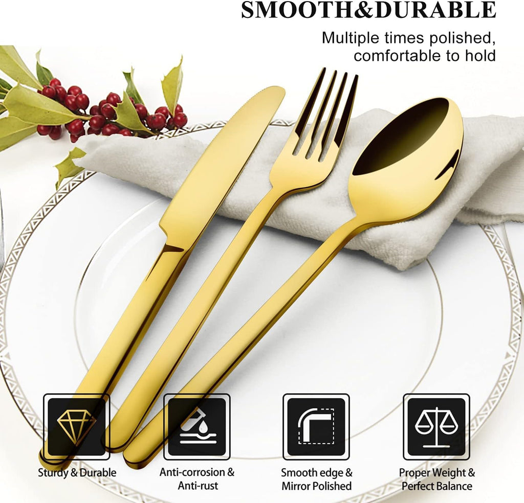 KINGSTONE Golden Silverware Set, 18/10 Gold Flatware Set for 4, Gold Mirror Finish Cutlery Set for Home Kitchen and Restaurant