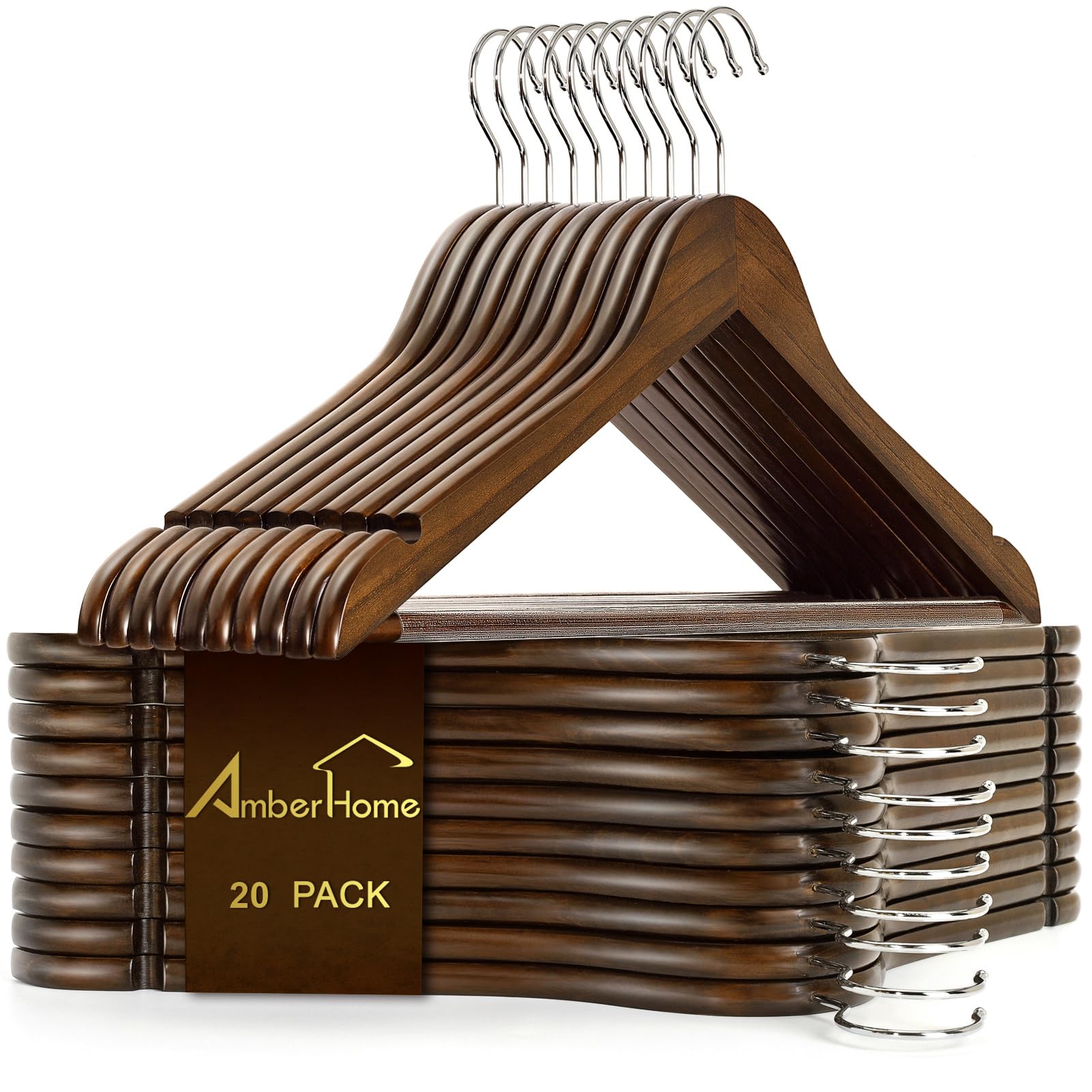 Amber Home 30 Pack Wooden Coat Hangers, Natural Wood Suit Hangers with Non-Slip Pant Bar, Clothes Hangers for Closet Organization, Shirts, Jackets, Dresses, and Pants (Natural, 30)