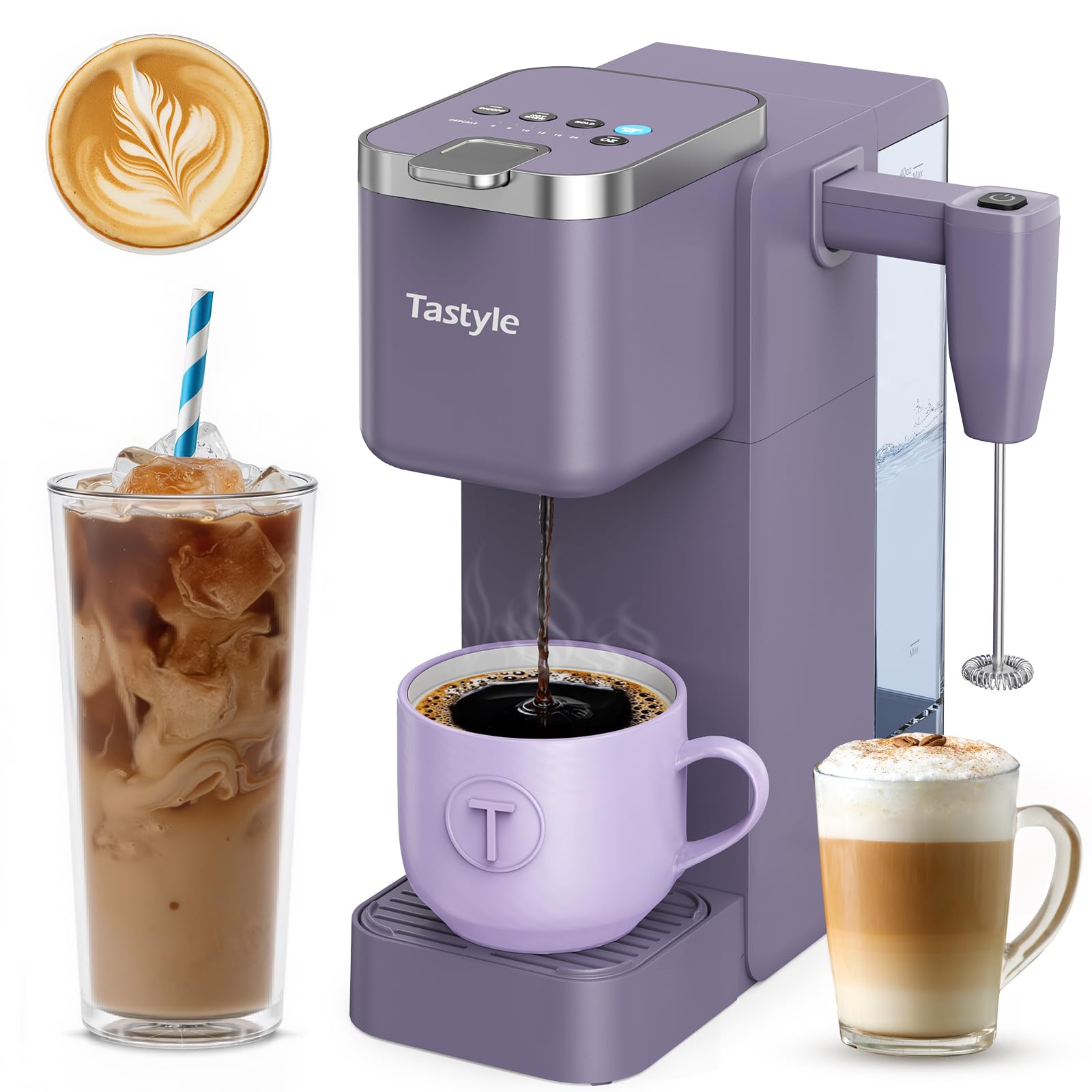 Tastyle 330MF Single Serve Coffee Maker with Built-in Detachable Milk Frother, Iced and Hot Coffee Machine for K Cup & Grounds, 40oz Removable Water Reservoir, 6 Cup Sizes, Fits 7.3" Travel Mug, Black