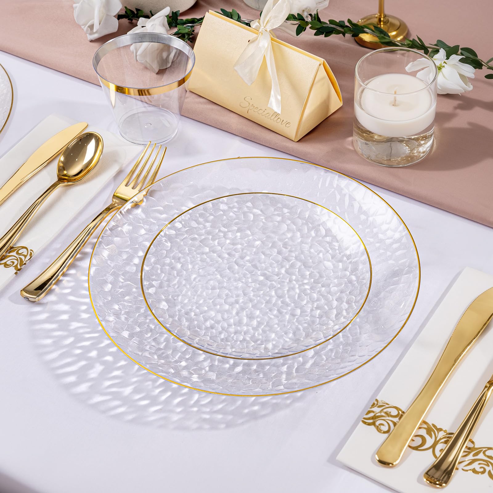 DaYammi 350PCS Clear Gold Plastic Dinnerware Set for 50 Guests, Hammered Disposable Plates for Party, Include: 50 Dinner Plates, 50 Dessert Plates, 150 Gold Silverware, 50 Napkins, 50 Cups