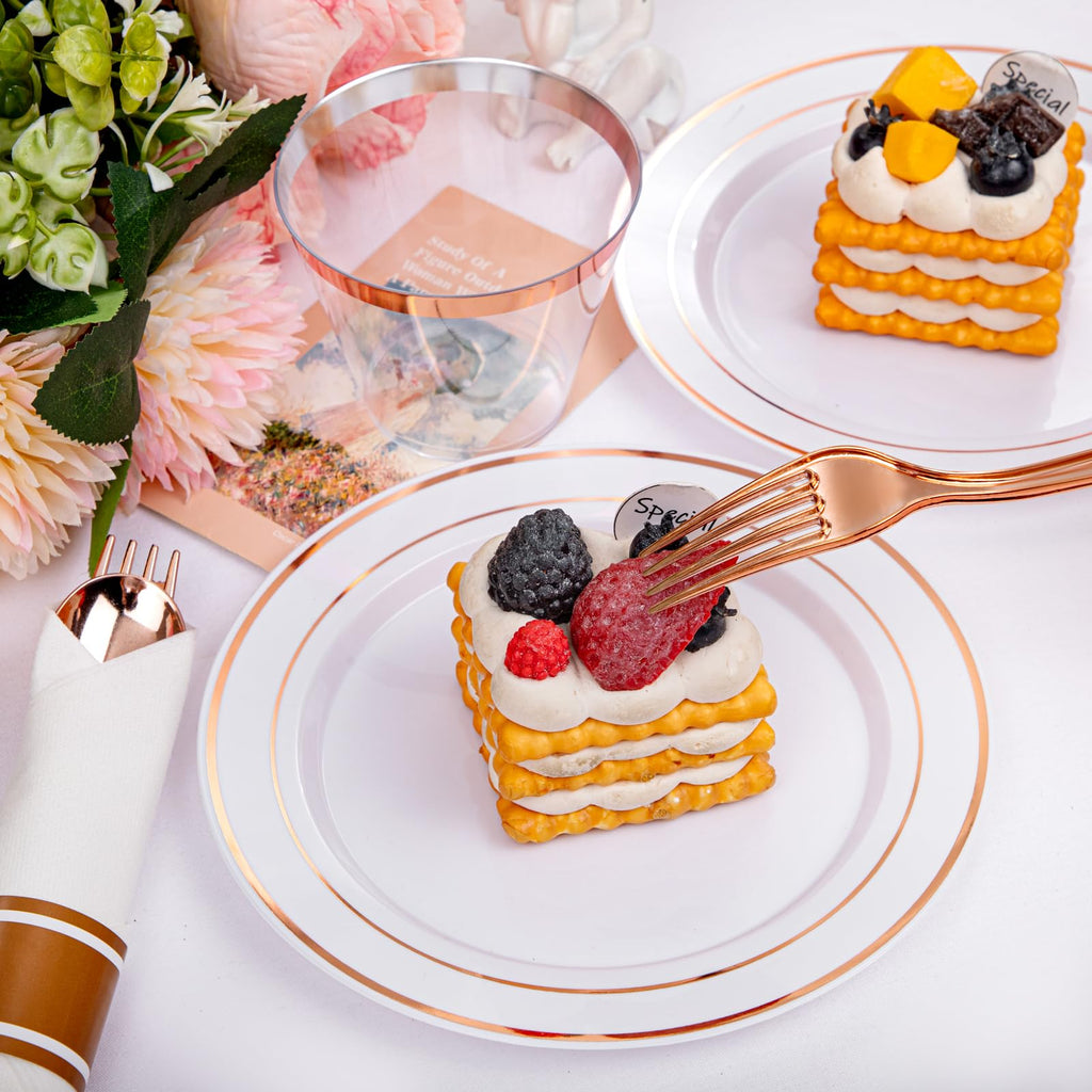 DaYammi 350PCS Gold Plastic Dinnerware Set for 50 Guests, Fancy Disposable Plates for Party, Include: 50 Dinner Plates, 50 Dessert Plates, 50 Pre Rolled Napkins with Gold Silverware, 50 Cups
