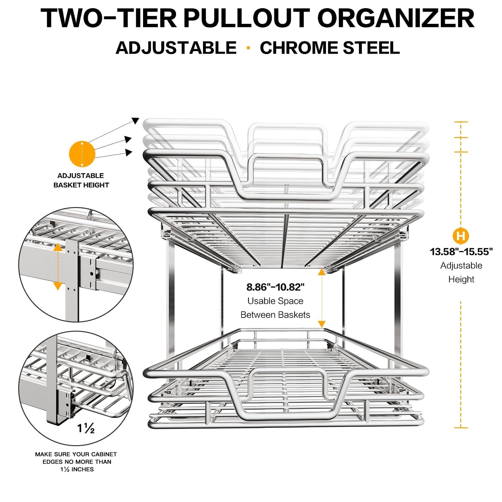 2-Tier Kitchen Cabinet,Pull Out Cabinet Organizer,Shelf and Drawer Organizer Slide Out Pantry Storaqe Basket in Multiple Sizes (12" W x21 D)