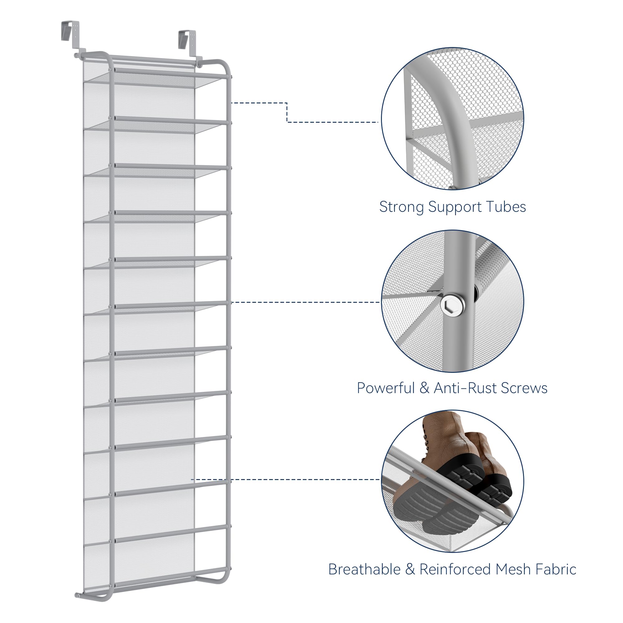 Whitmor 36 Pair Over the Door Shoe Organizer, 12 Tier Hanging Shoe Organizer, Heavy Duty Metal & Mesh Shoe Holder, Hanging Shoe Rack for Closet Organizer & Storage, 74"L x 21.7"W x 7.5"H, White