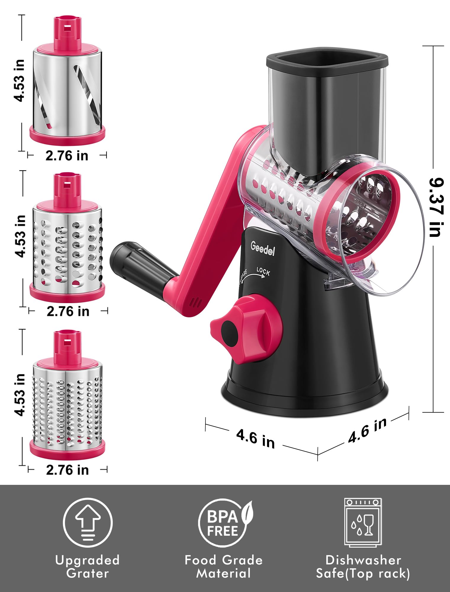 Geedel Rotary Cheese Grater, Kitchen Mandoline Vegetable Slicer with 3 Interchangeable Blades, Easy to Clean Rotary Grater Slicer for Fruit, Vegetables, Nuts