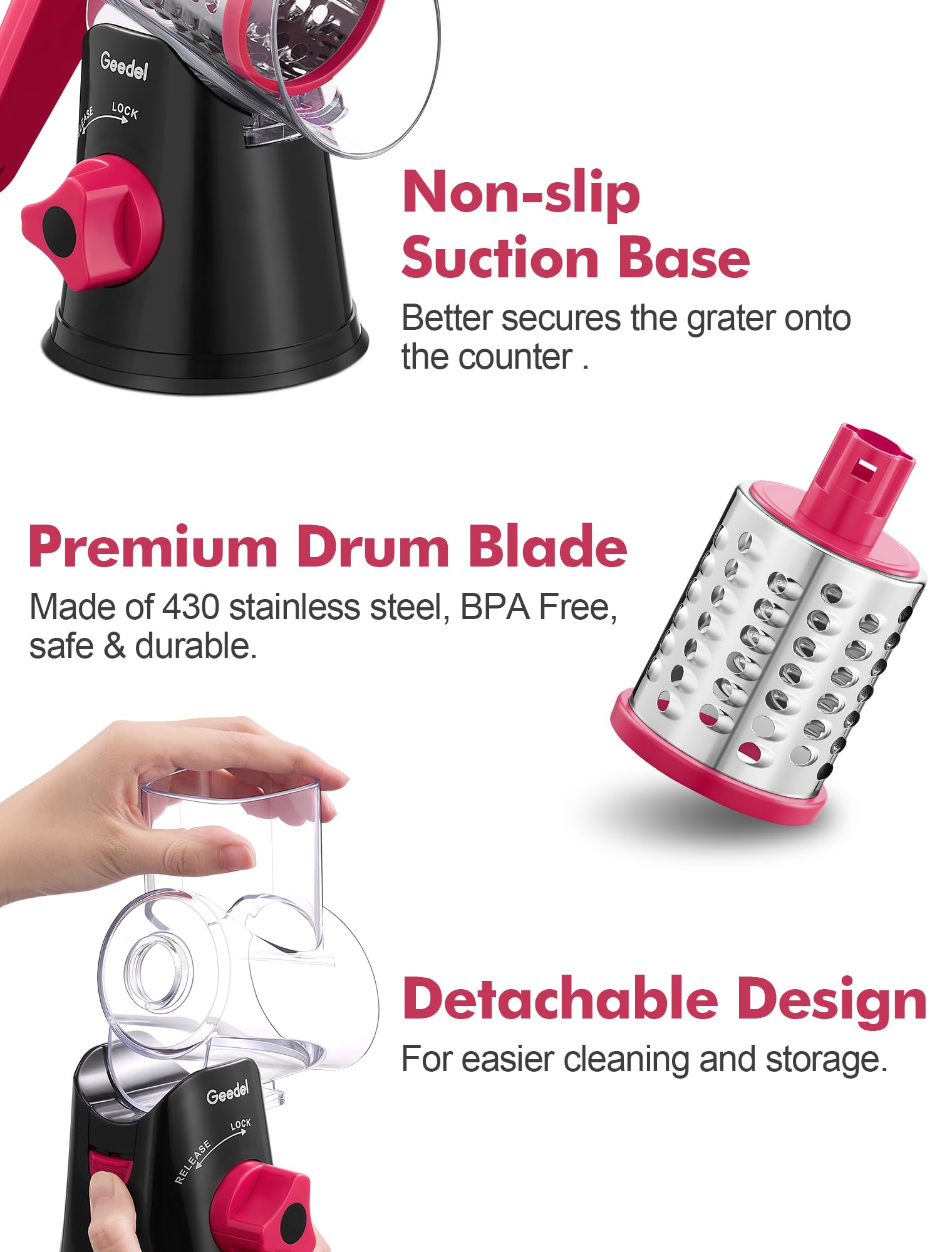 Geedel Rotary Cheese Grater, Kitchen Mandoline Vegetable Slicer with 3 Interchangeable Blades, Easy to Clean Rotary Grater Slicer for Fruit, Vegetables, Nuts