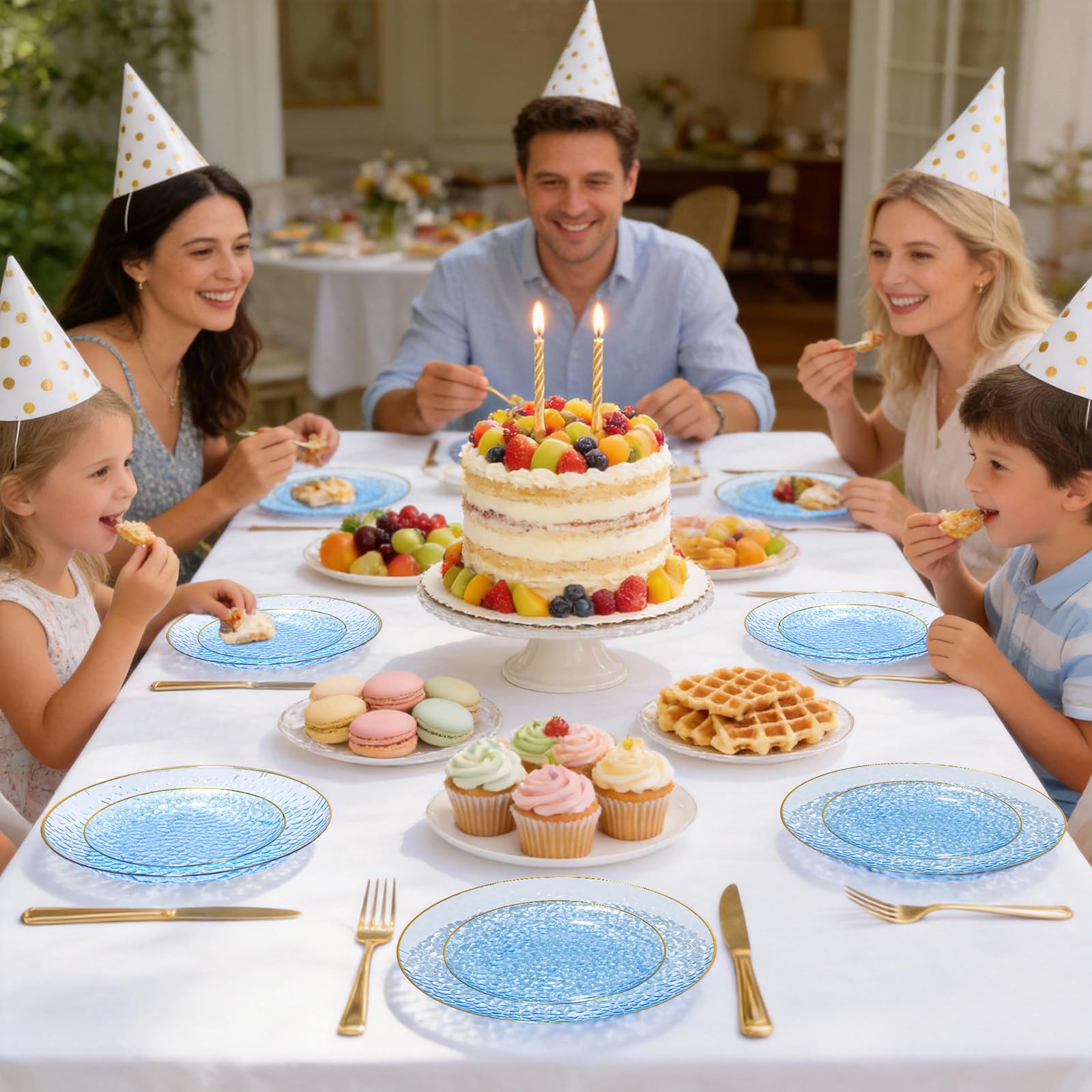 DaYammi 240Pcs Gold Plastic Plates Including 120Pcs Dessert Plates and 120Pcs Cake Forks,Hammered Party Plate,Clear Gold Appetizer plates Heavy duty Disposable Plastic Plate for Party Wedding Birthday