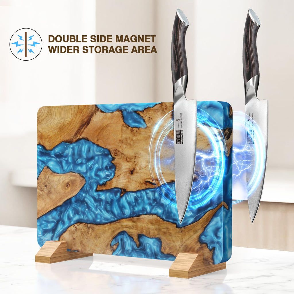 HOSHANHO Magnetic Knife Block 14 x 10 Inches, Double Sided Magnetic Knife Holder Rack for Kitchen Counter, Acacia Wood Magnetic Knife Storage Stand with Knife Sharpener
