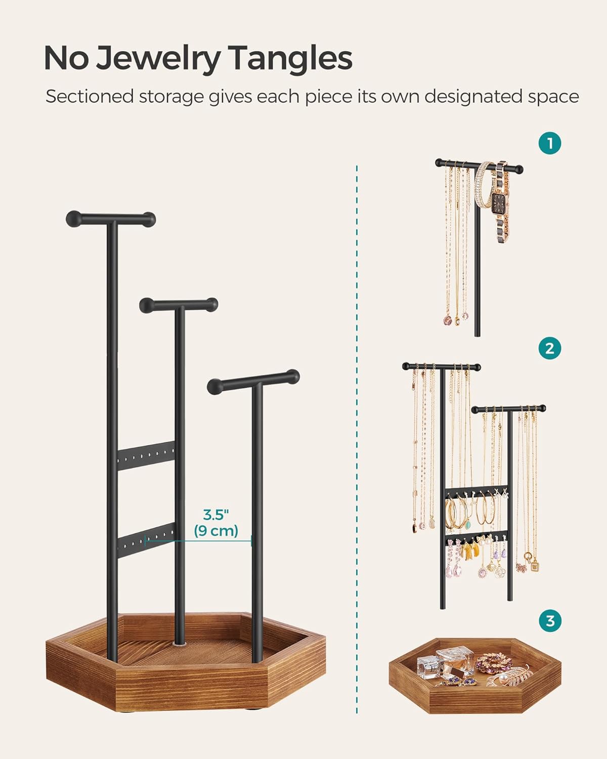 SONGMICS Jewelry Holder, Jewelry Organizer, 3 Tiers and 1 Tray, Jewelry Display Stand with Metal Frame, Necklace Earring Bracelet Holder, for Rings, Ink Black and Caramel Brown UJJS03CB