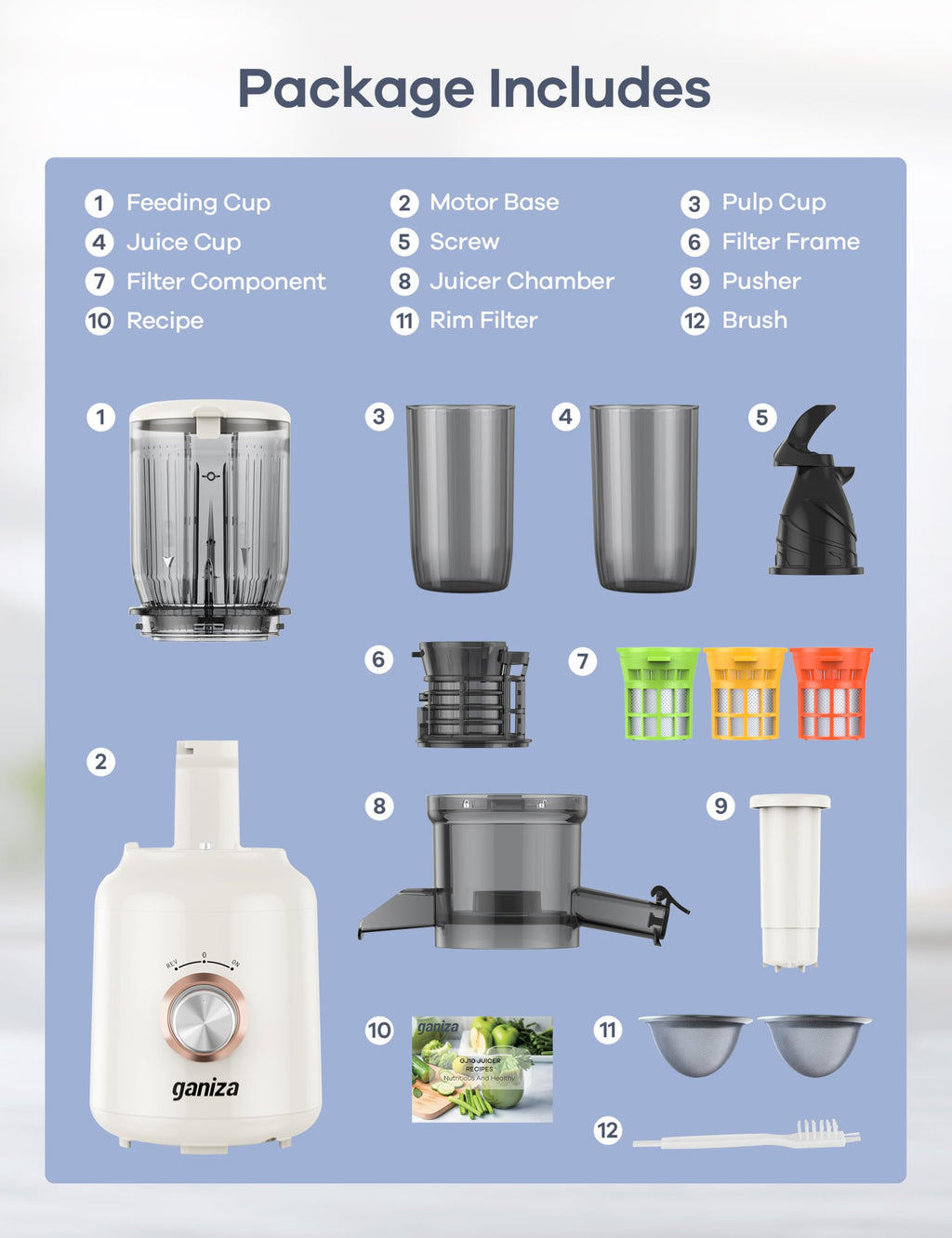 Ganiza Juicer Machines, Slow Masticating Juicers with Large Feed Chute for Whole Fruits & Vegetables, Cold Press Juicer with 3 Replace Filters for Batch Juicing, Easy to Clean, BPA Free(Silver)