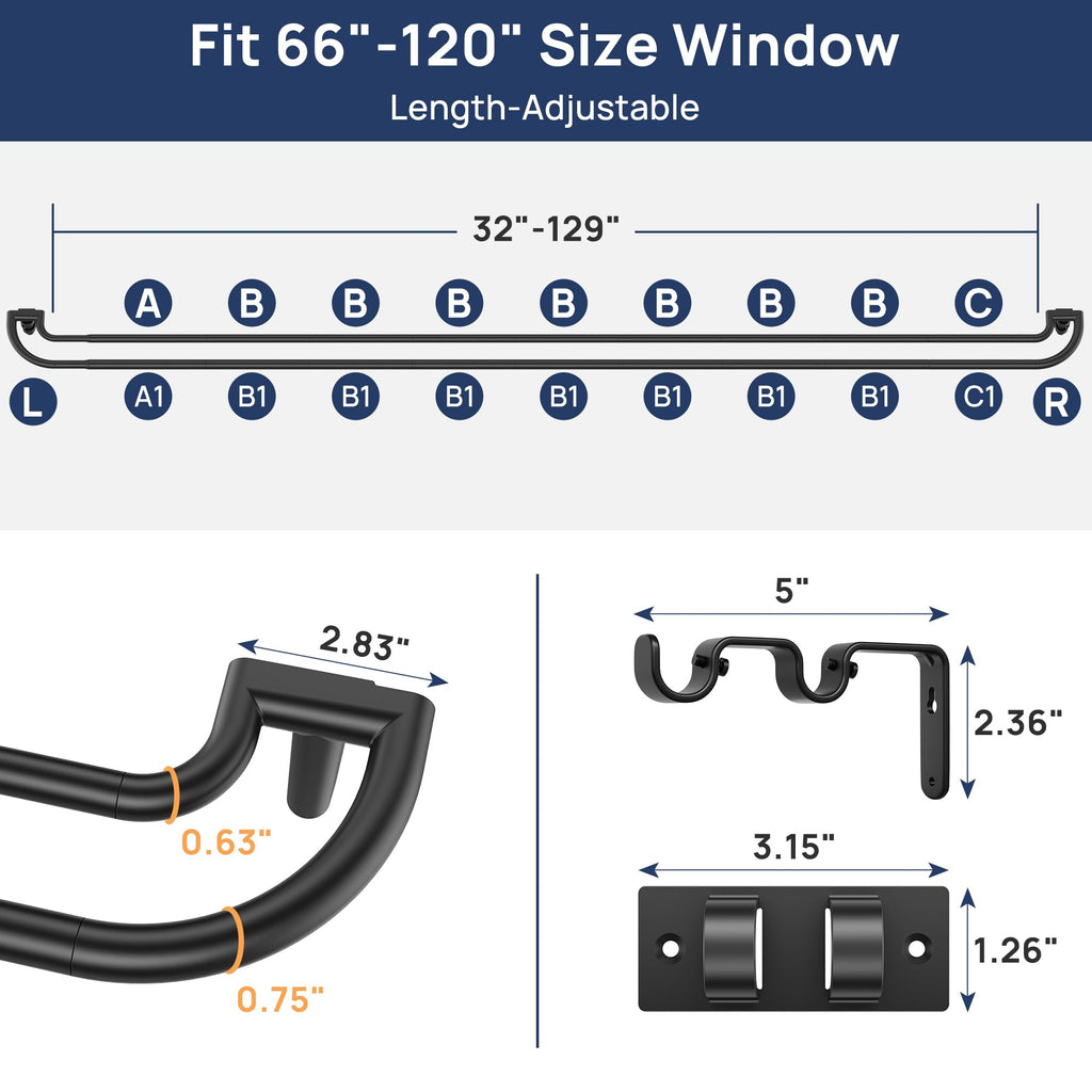 ENJOYBASICS Double Curtain Rod，Blackout Wrap-Around Curtain Rods for Windows 72 to 144 Inch，Adjustable from 32 to 144 Inch for Room Darkening Curtains, Matte Black