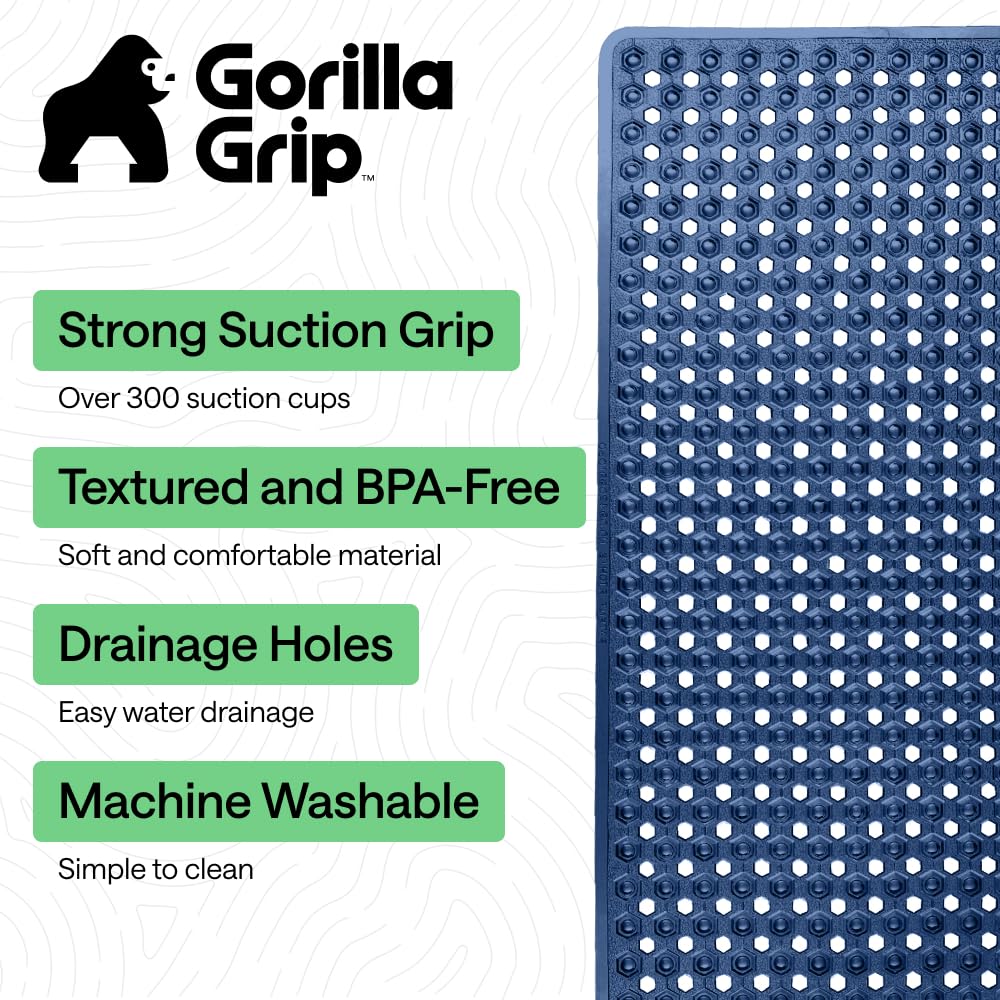 GORILLA GRIP Patented Bath Tub Shower Mat, Machine Washable Bathtub Floor Liner Mats, Suction Cups and Drain Holes to Keep Tubs Clean, Soft on Feet, Bathroom Essentials, 35x16 Inch, Clear