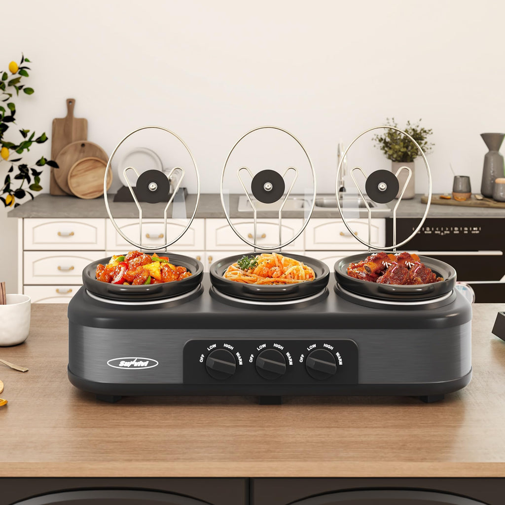 SUNVIVI Triple Slow Cooker, Buffet Food Warmer with 3 x 1.5 QT Removable Ceramic Pots, Buffet Servers and Warmers with Glass Lids and 3 Spoons, Stainless Steel, Blue
