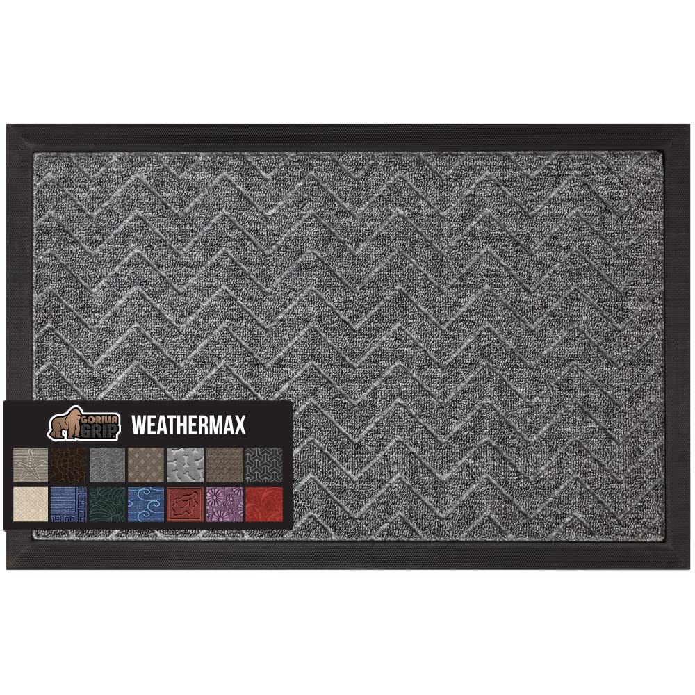 GORILLA GRIP 100% Waterproof All-Season WeatherMAX Doormat US Designed Natural Rubber, Stain Fade Resistant, Low Profile Indoor Outdoor Front Door Mats Outside Entrance, Easy Clean 29x17 Gray Diamond