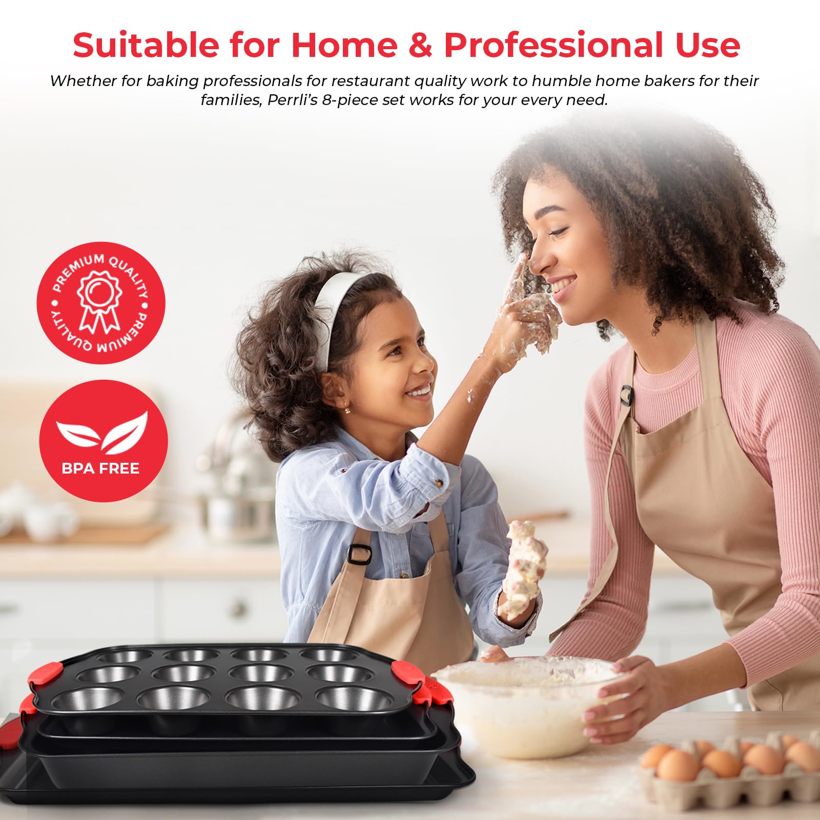 PERLLI Non-Stick 6-Piece Baking Pan Set, BPA-Free Carbon Steel Bakeware Set with Silicone Handles, Stackable Kitchen Oven Set, Cookie Sheet, Baking Tray, Baking Sheet Set, Oven Safe (446°F)